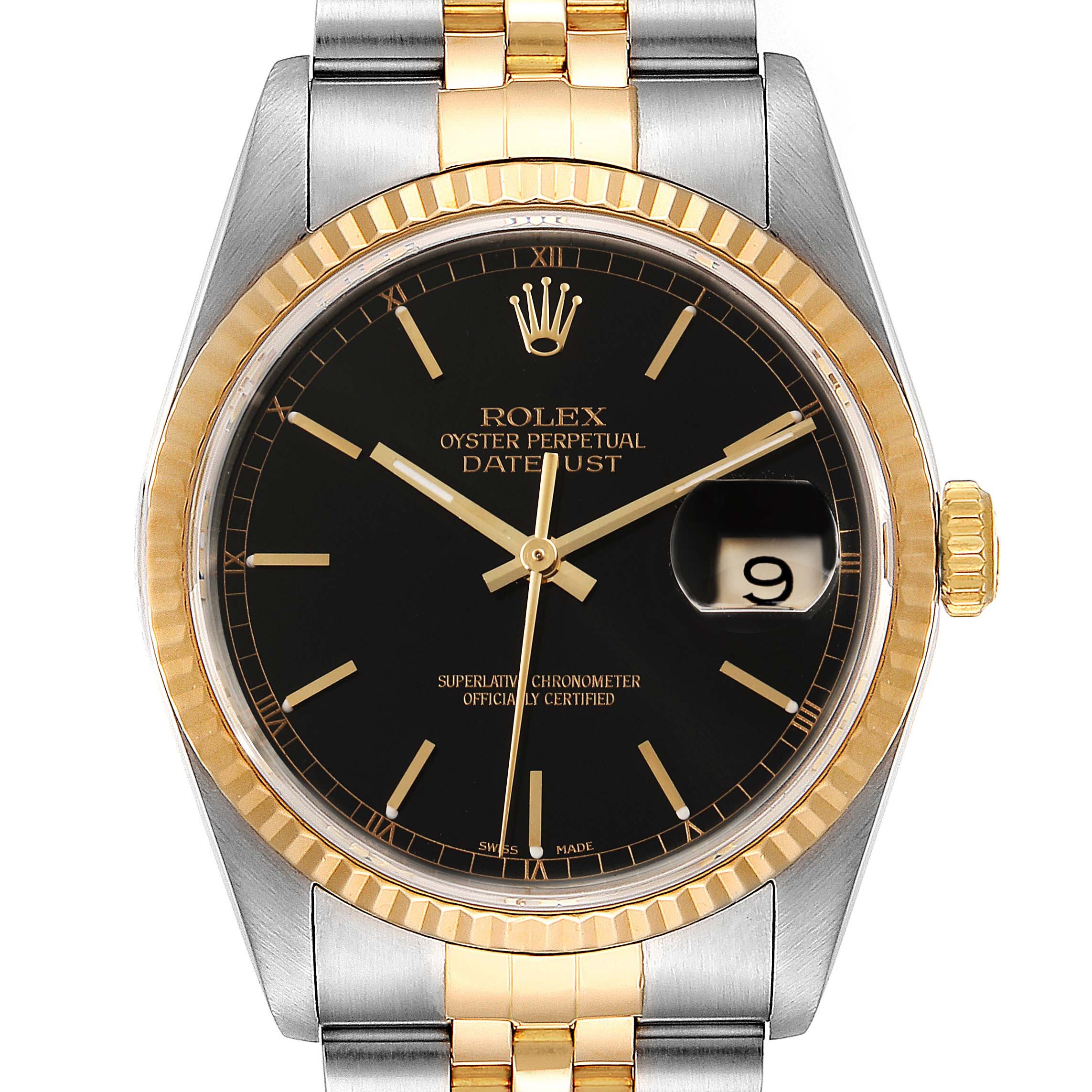 The image shows a front view of a Rolex Datejust 16233 Men's Steel and Gold (two tone) Black Dial 16233 Men's Steel and Gold (two tone) Black Dial watch with a two-tone bracelet, black dial, and date display.