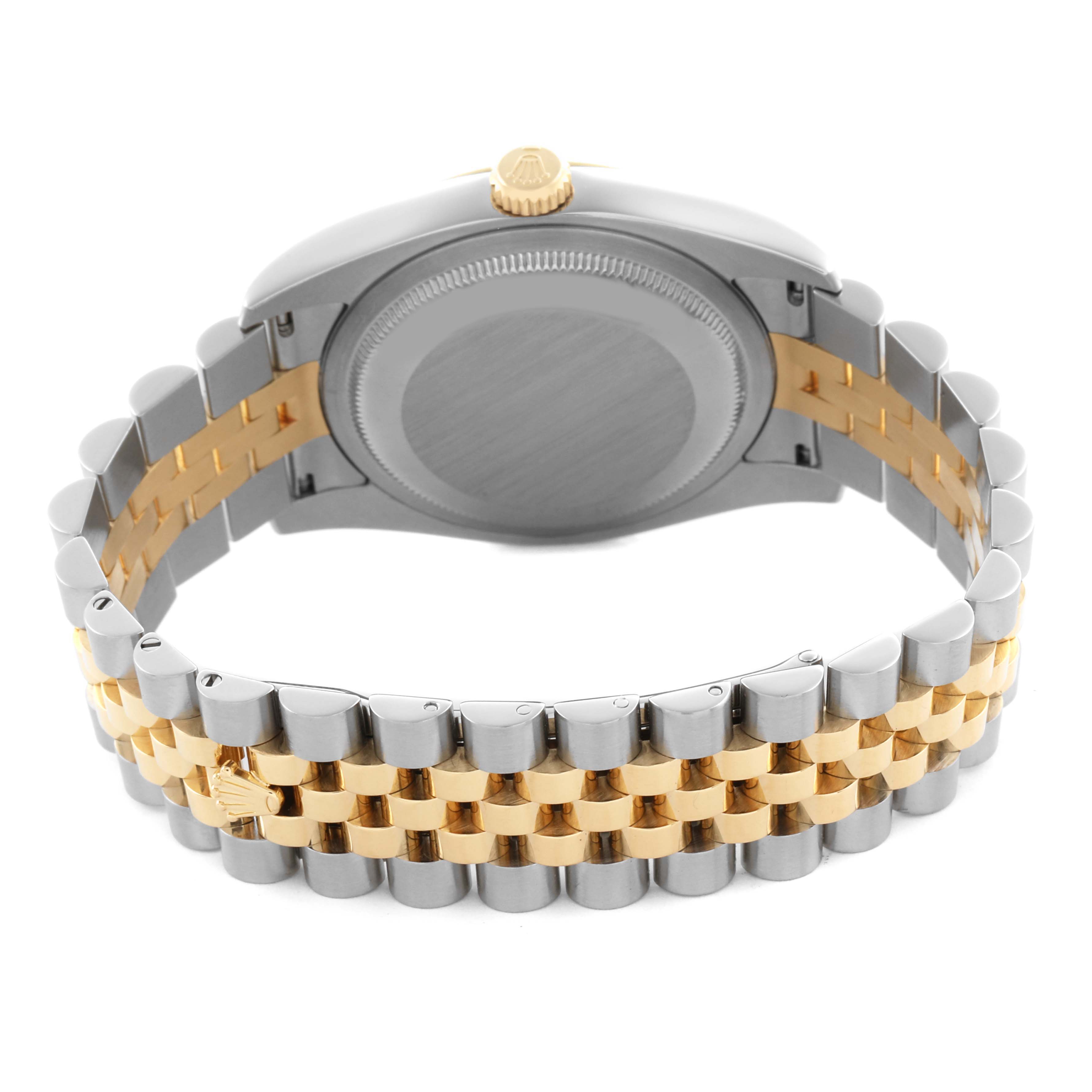 The image shows the back of a Rolex Datejust 116233 Men's Steel and Gold (two tone) Champagne Dial 116233 Men's Steel and Gold (two tone) Champagne Dial watch, highlighting the case back and the two-tone bracelet.