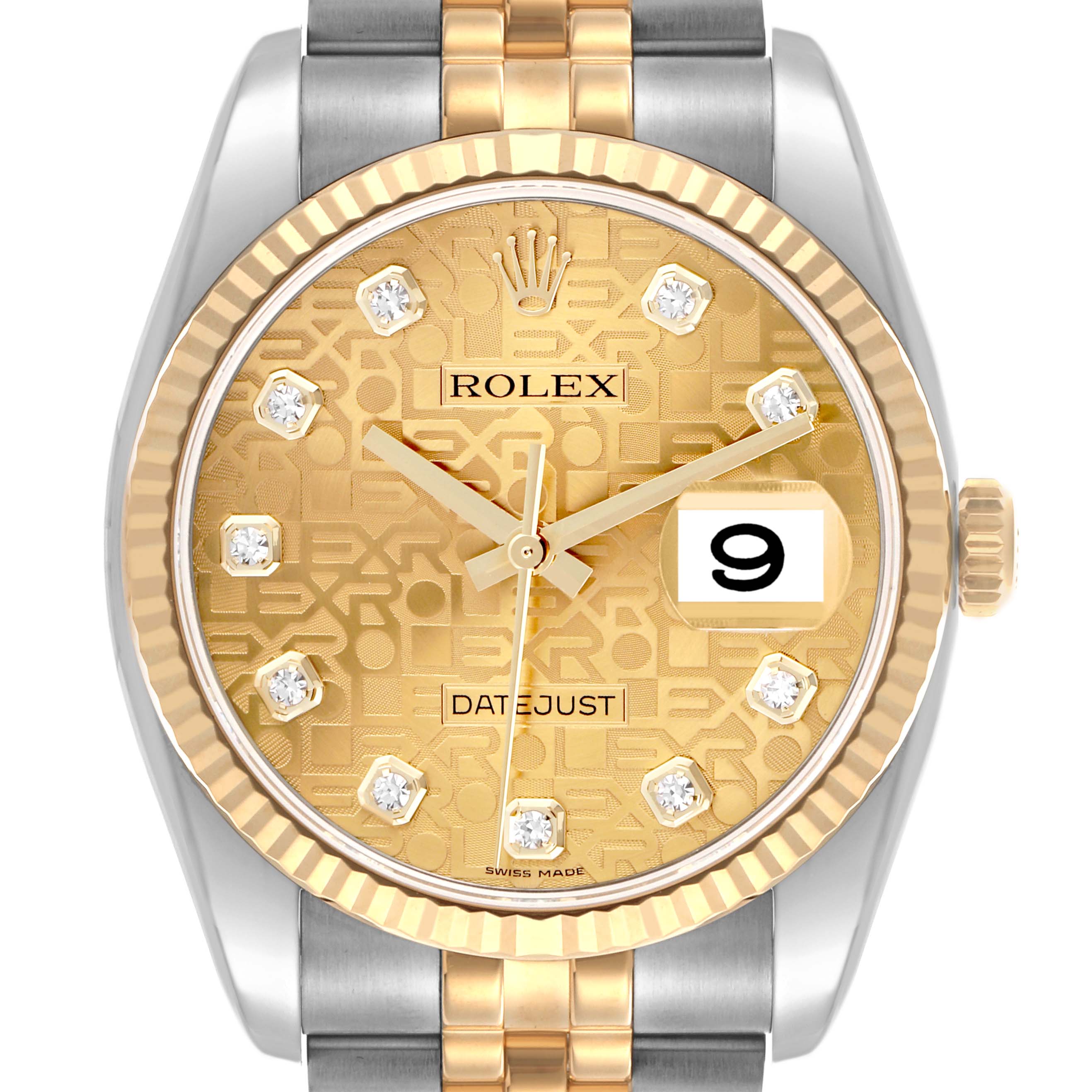 The Rolex Datejust 116233 Men's Steel and Gold (two tone) Champagne Dial 116233 Men's Steel and Gold (two tone) Champagne Dial is shown from a front angle, highlighting the gold dial, diamond markers, bezel, and part of the bracelet.