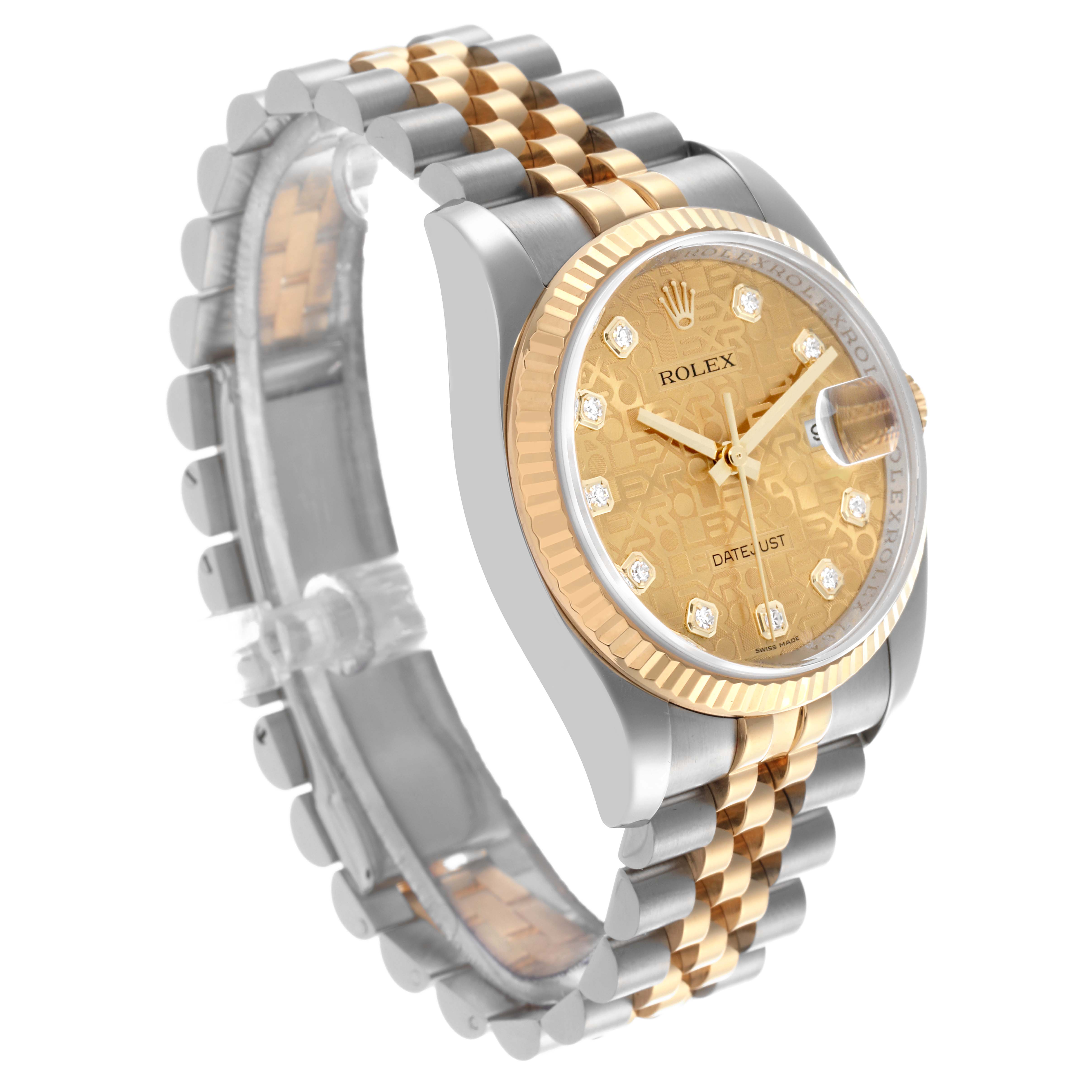 The Rolex Datejust 116233 Men's Steel and Gold (two tone) Champagne Dial 116233 Men's Steel and Gold (two tone) Champagne Dial watch is shown at an angle highlighting the two-tone bracelet, fluted bezel, and diamond-set dial.