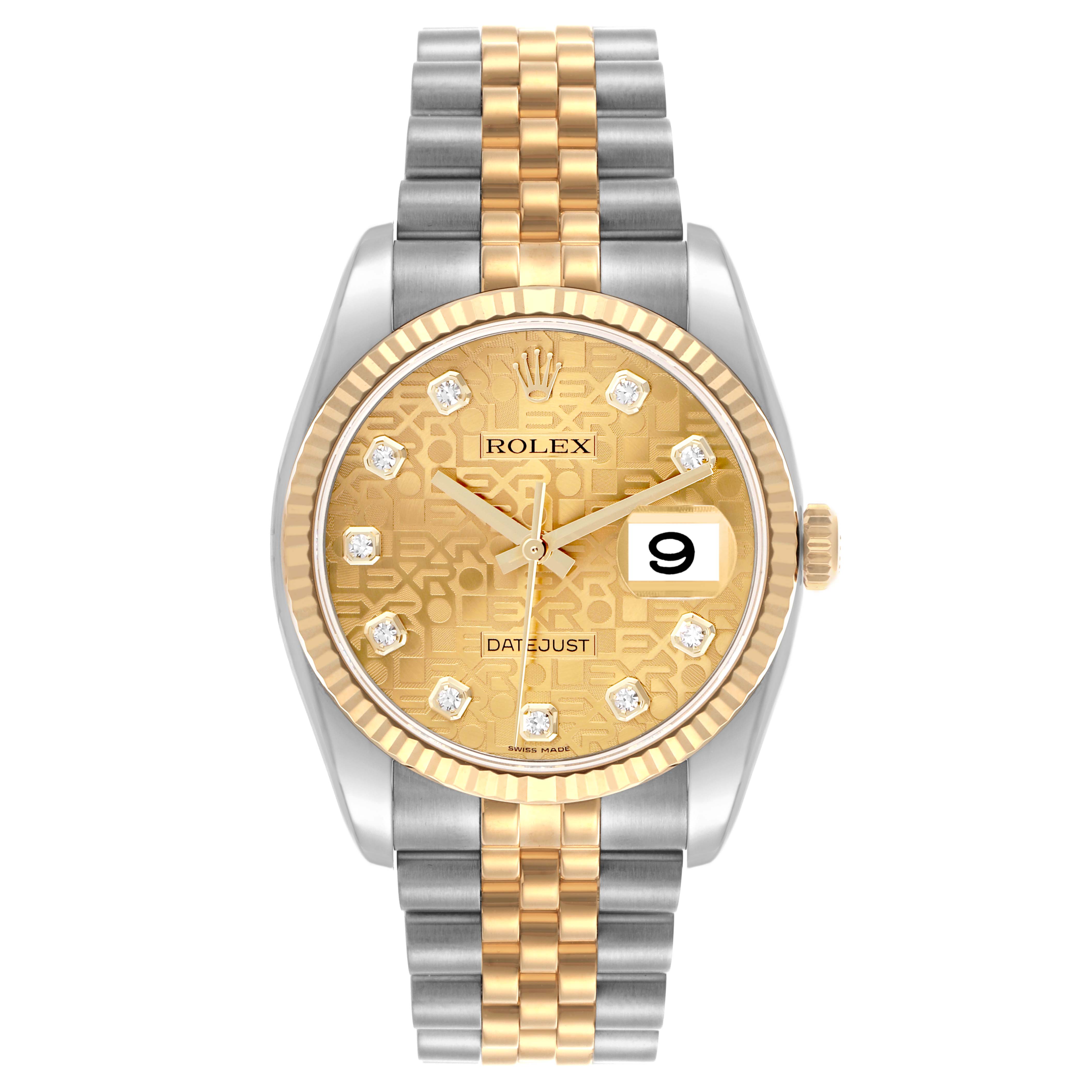 The Rolex Datejust 116233 Men's Steel and Gold (two tone) Champagne Dial 116233 Men's Steel and Gold (two tone) Champagne Dial watch is shown from the front, displaying the dial, bezel, bracelet, and crown.
