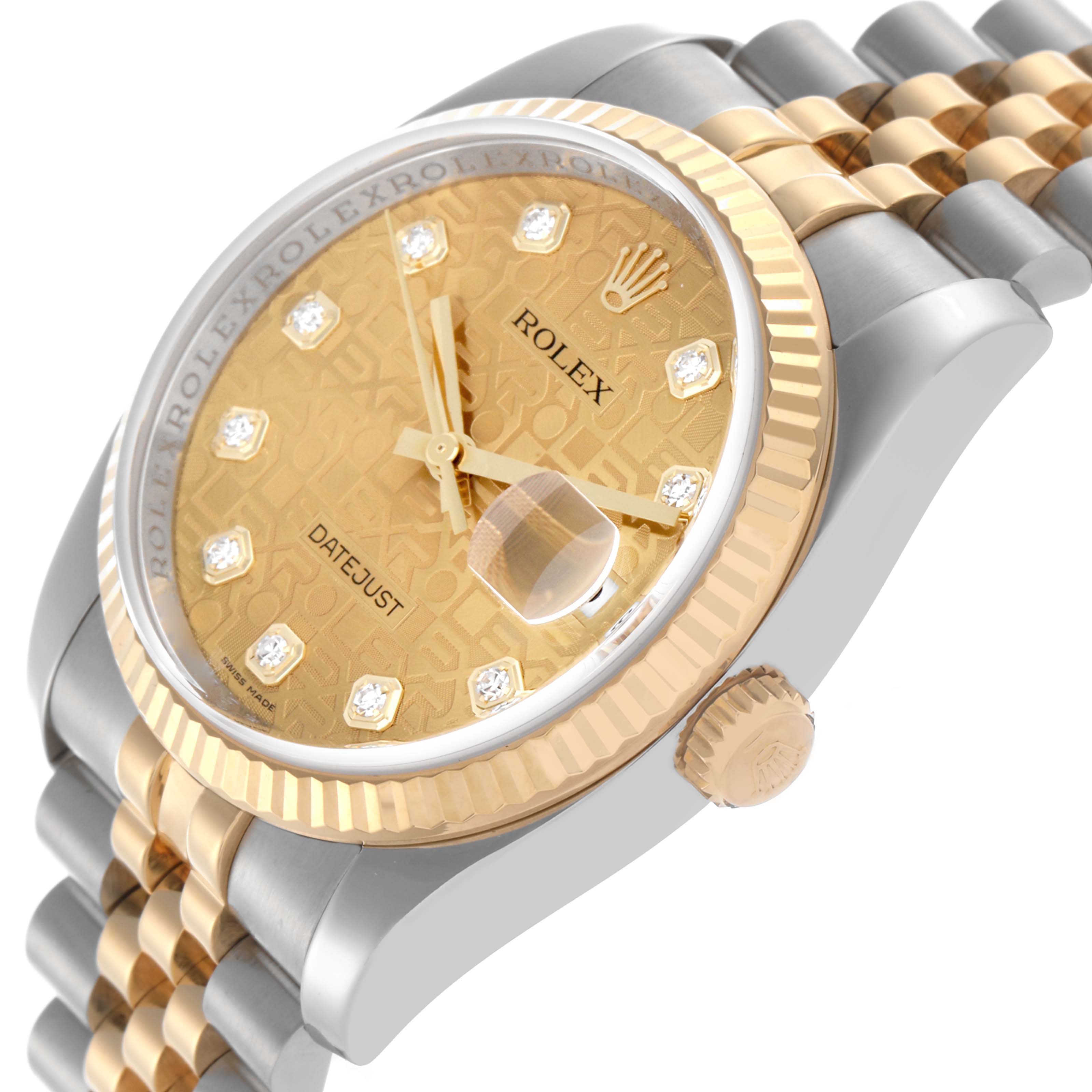 The Rolex Datejust 116233 Men's Steel and Gold (two tone) Champagne Dial 116233 Men's Steel and Gold (two tone) Champagne Dial watch is shown at an angle highlighting the gold dial, bezel, and two-tone bracelet.