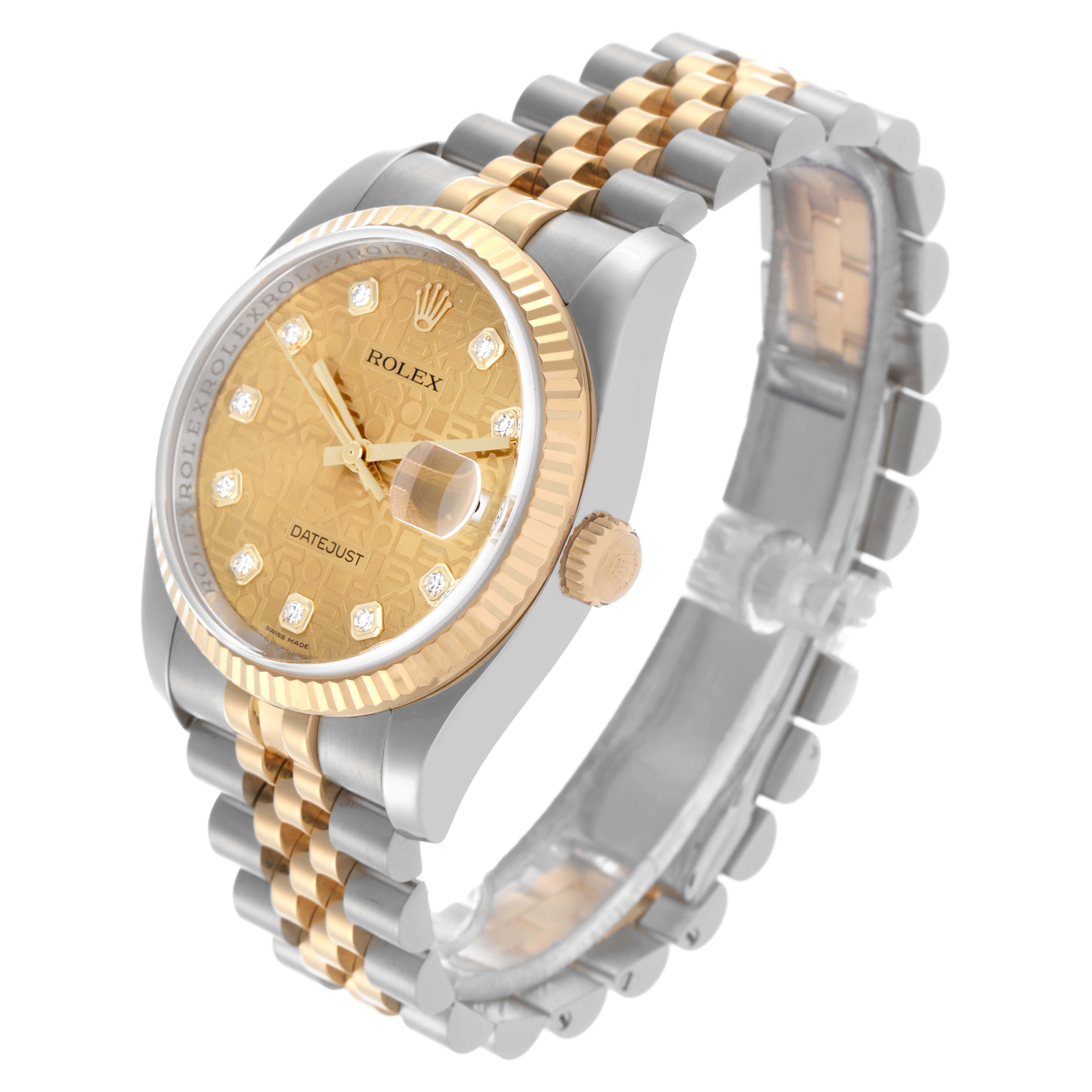 The Rolex Datejust 116233 Men's Steel and Gold (two tone) Champagne Dial 116233 Men's Steel and Gold (two tone) Champagne Dial watch is shown at an angled view, displaying the dial, bezel, crown, and bracelet.