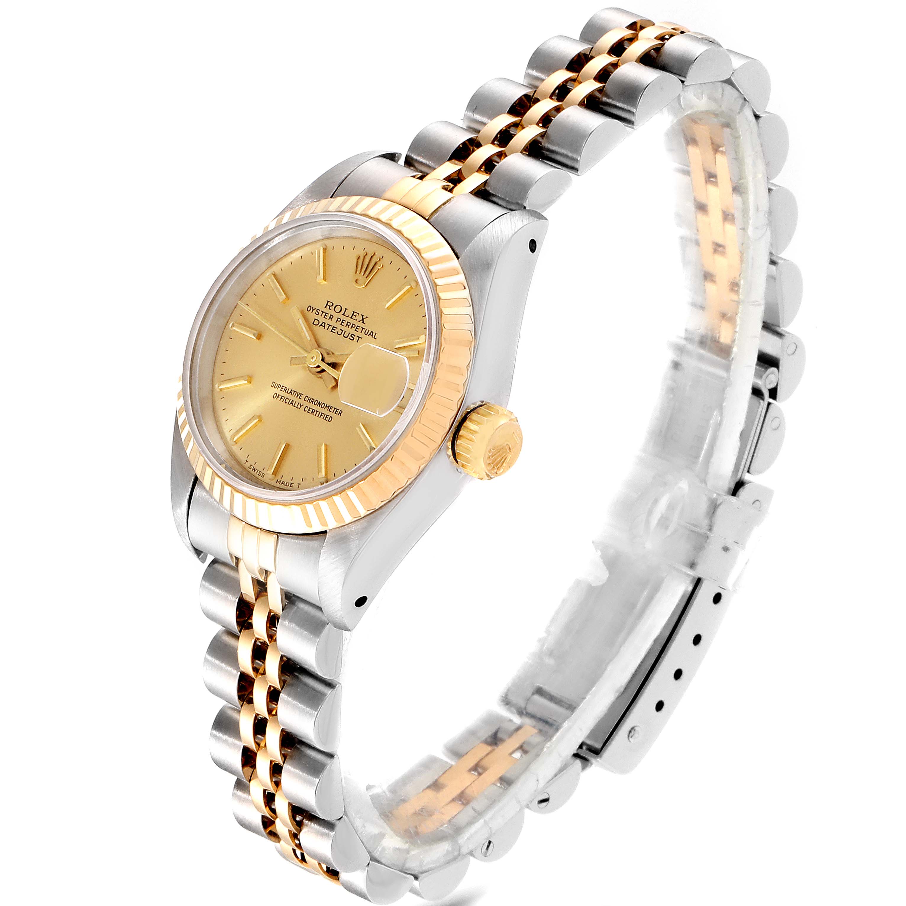 The image shows a Rolex Datejust 69173 Women's Stainless Steel Champagne Dial 69173 Women's Stainless Steel Champagne Dial watch at an angle highlighting the face, bezel, crown, and the two-tone bracelet.