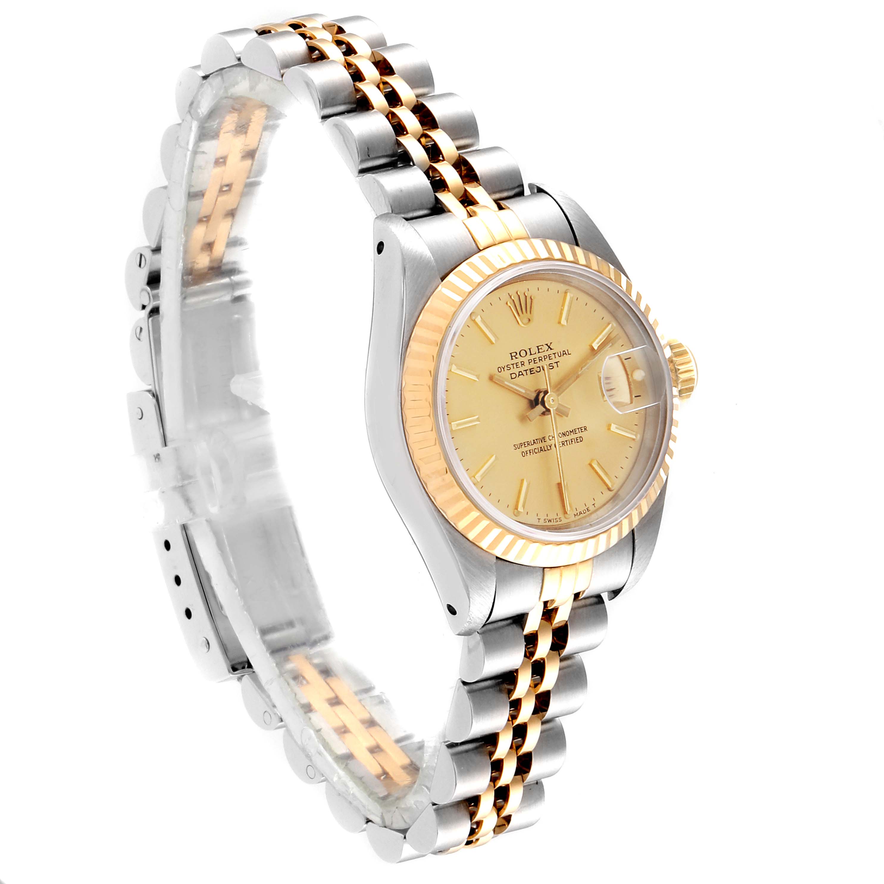 This is a side angle view of the Rolex Datejust 69173 Women's Stainless Steel Champagne Dial 69173 Women's Stainless Steel Champagne Dial watch showing the face, fluted bezel, and jubilee bracelet.