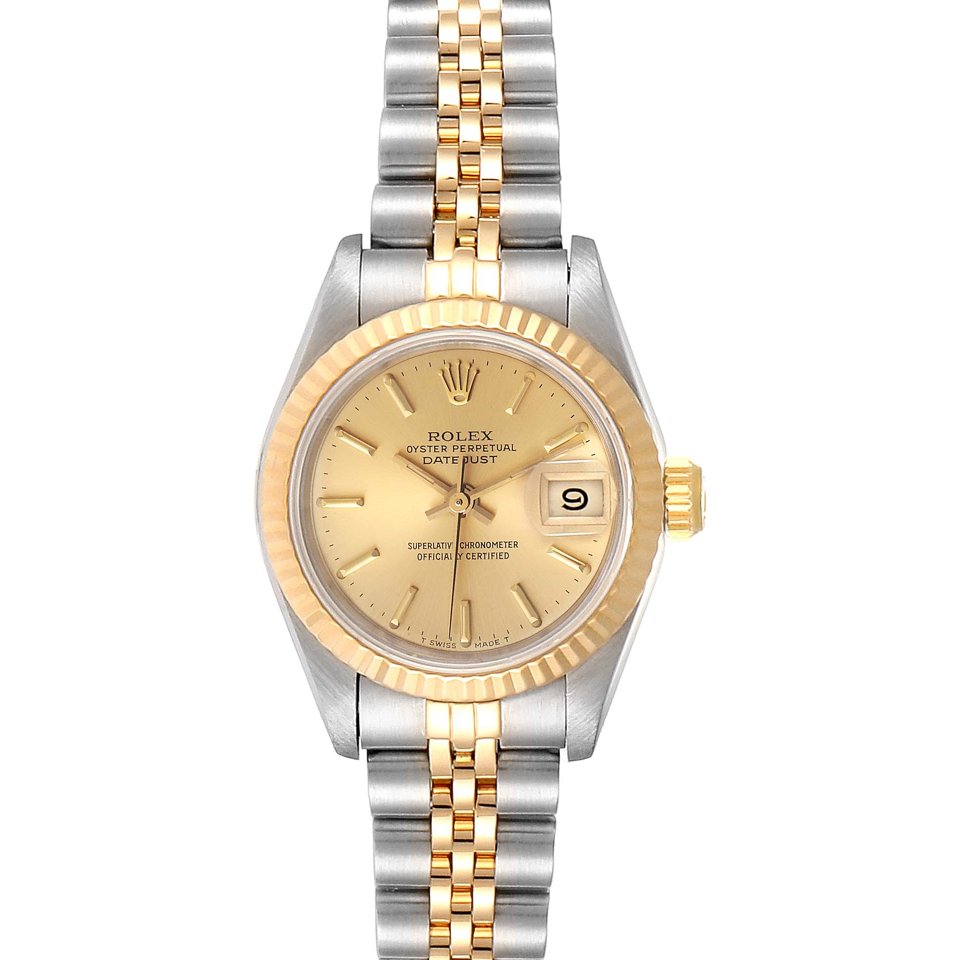 This image shows a Rolex Datejust 69173 Women's Stainless Steel Champagne Dial 69173 Women's Stainless Steel Champagne Dial watch from a straight-on angle, displaying the dial, bezel, crown, and bracelet.