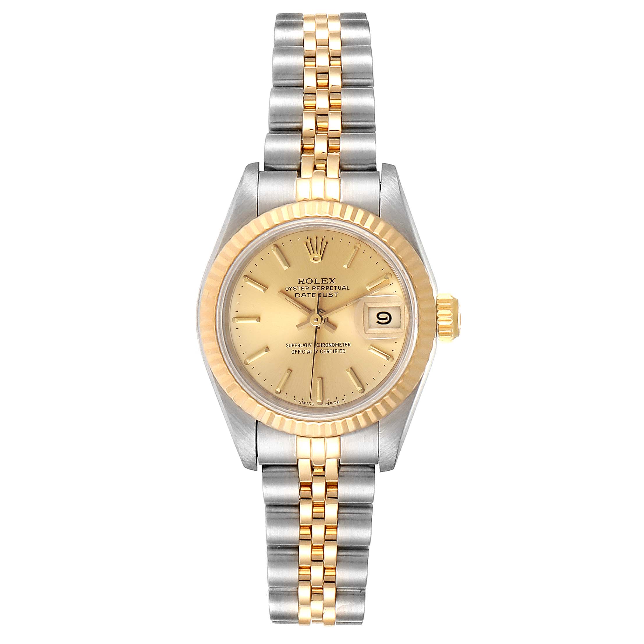 This image shows a Rolex Datejust 69173 Women's Stainless Steel Champagne Dial 69173 Women's Stainless Steel Champagne Dial watch from a top-down view, detailing the bezel, dial, crown, and two-tone bracelet.