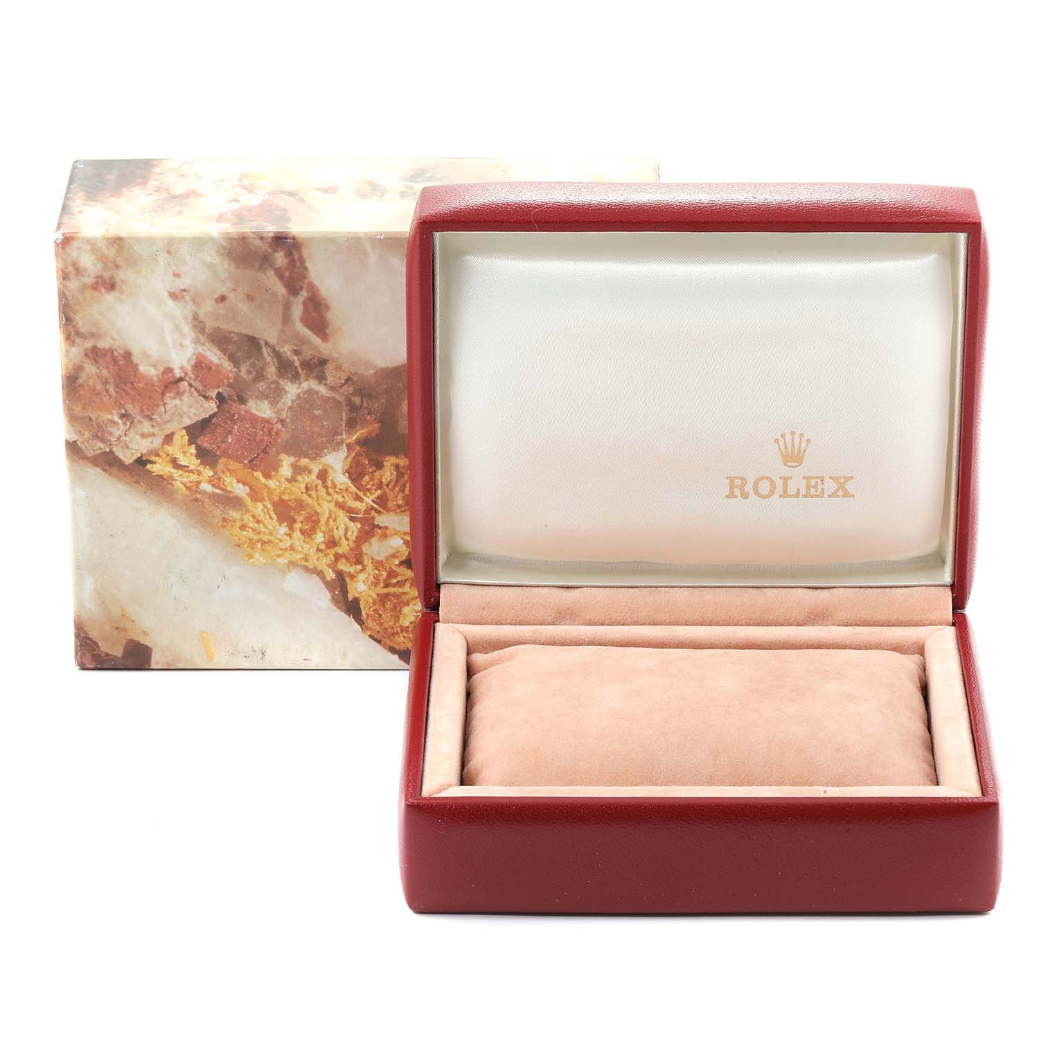 The image shows a Rolex Datejust 69173 Women's Stainless Steel Champagne Dial 69173 Women's Stainless Steel Champagne Dial watch box and outer box from a front angle, without the watch inside.