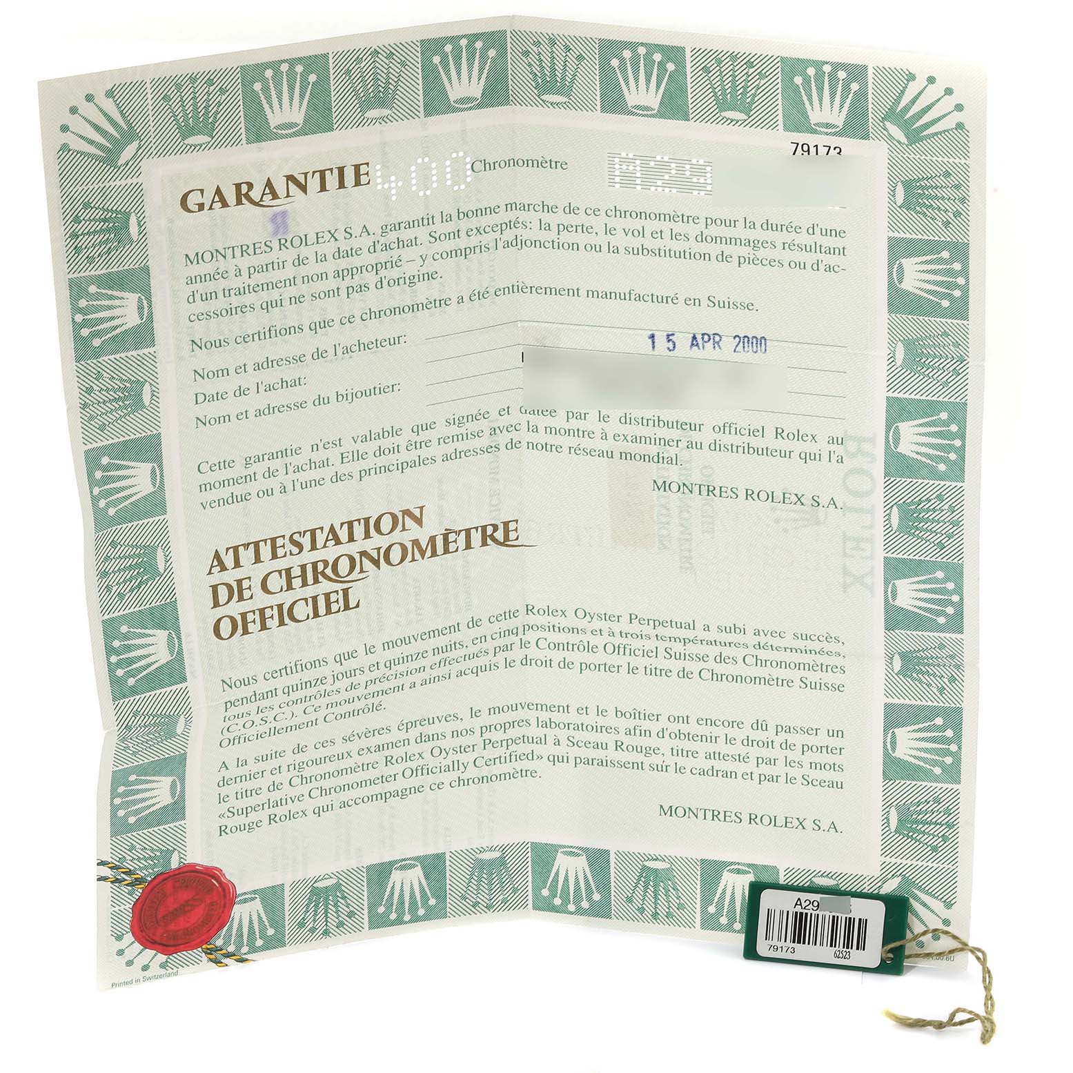 The image shows a warranty certificate for the Rolex Datejust 79173 Women's Steel and Gold (two tone) Green Dial 79173 Women's Steel and Gold (two tone) Green Dial model with its official tag attached.