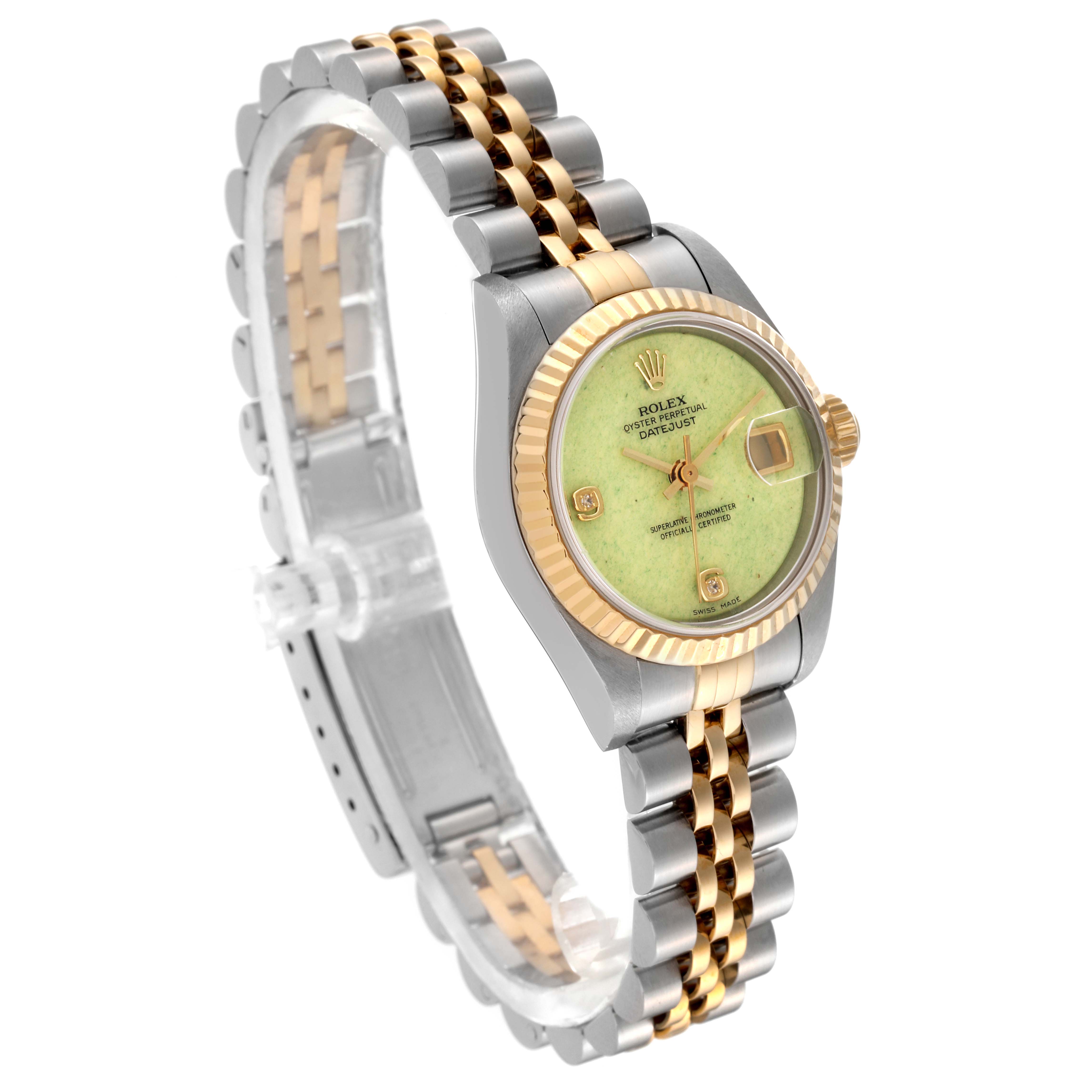 The image shows a Rolex Datejust 79173 Women's Steel and Gold (two tone) Green Dial 79173 Women's Steel and Gold (two tone) Green Dial watch at a three-quarter angle, highlighting the face, bezel, and two-tone bracelet.