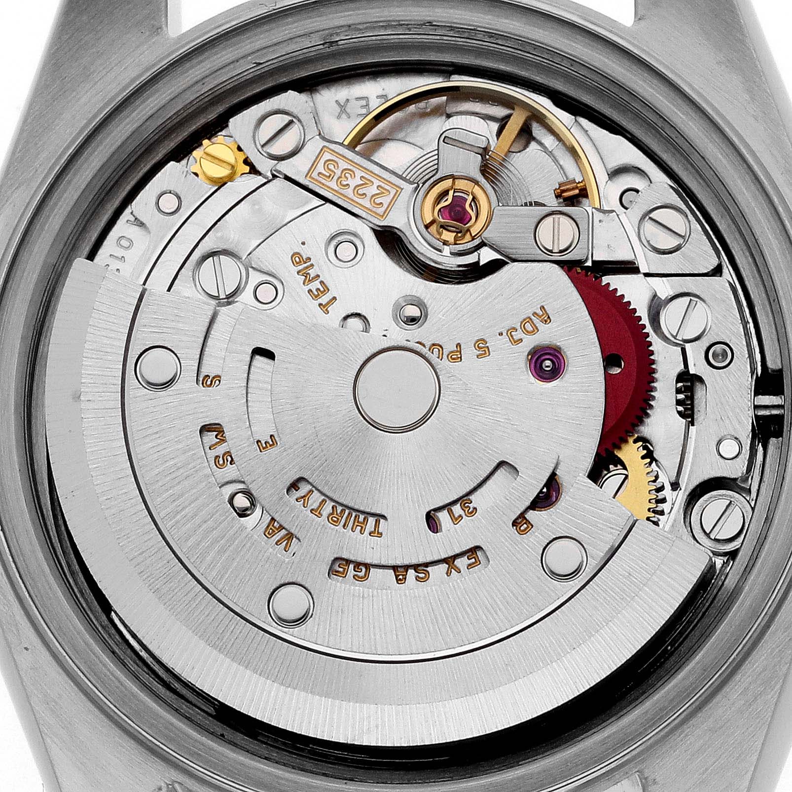 The image shows the internal movement mechanism of a Rolex Datejust 79173 Women's Steel and Gold (two tone) Green Dial 79173 Women's Steel and Gold (two tone) Green Dial watch viewed from the back.