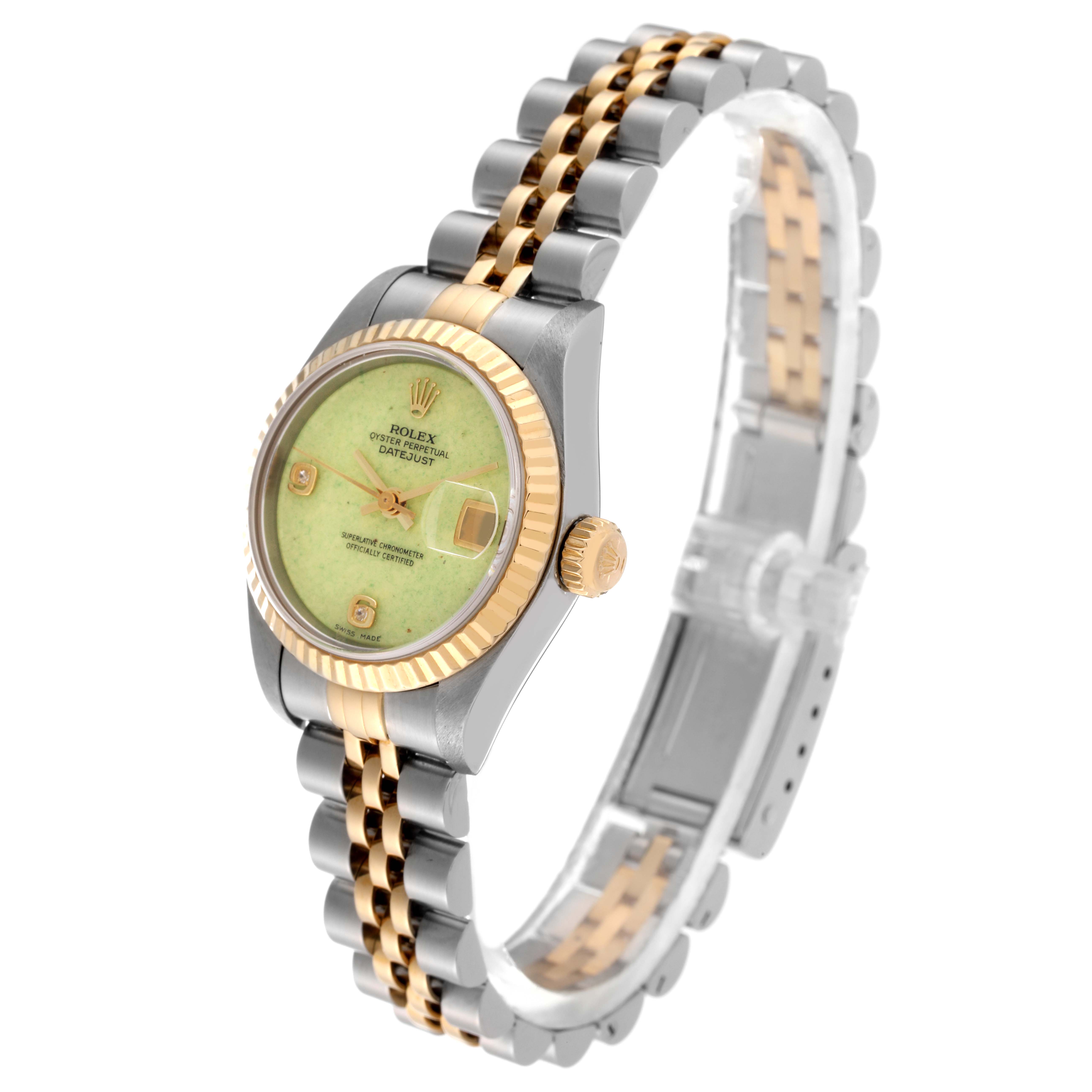 This Rolex Datejust 79173 Women's Steel and Gold (two tone) Green Dial 79173 Women's Steel and Gold (two tone) Green Dial watch is shown at a slight angle, displaying the face, bezel, crown, and two-tone bracelet.