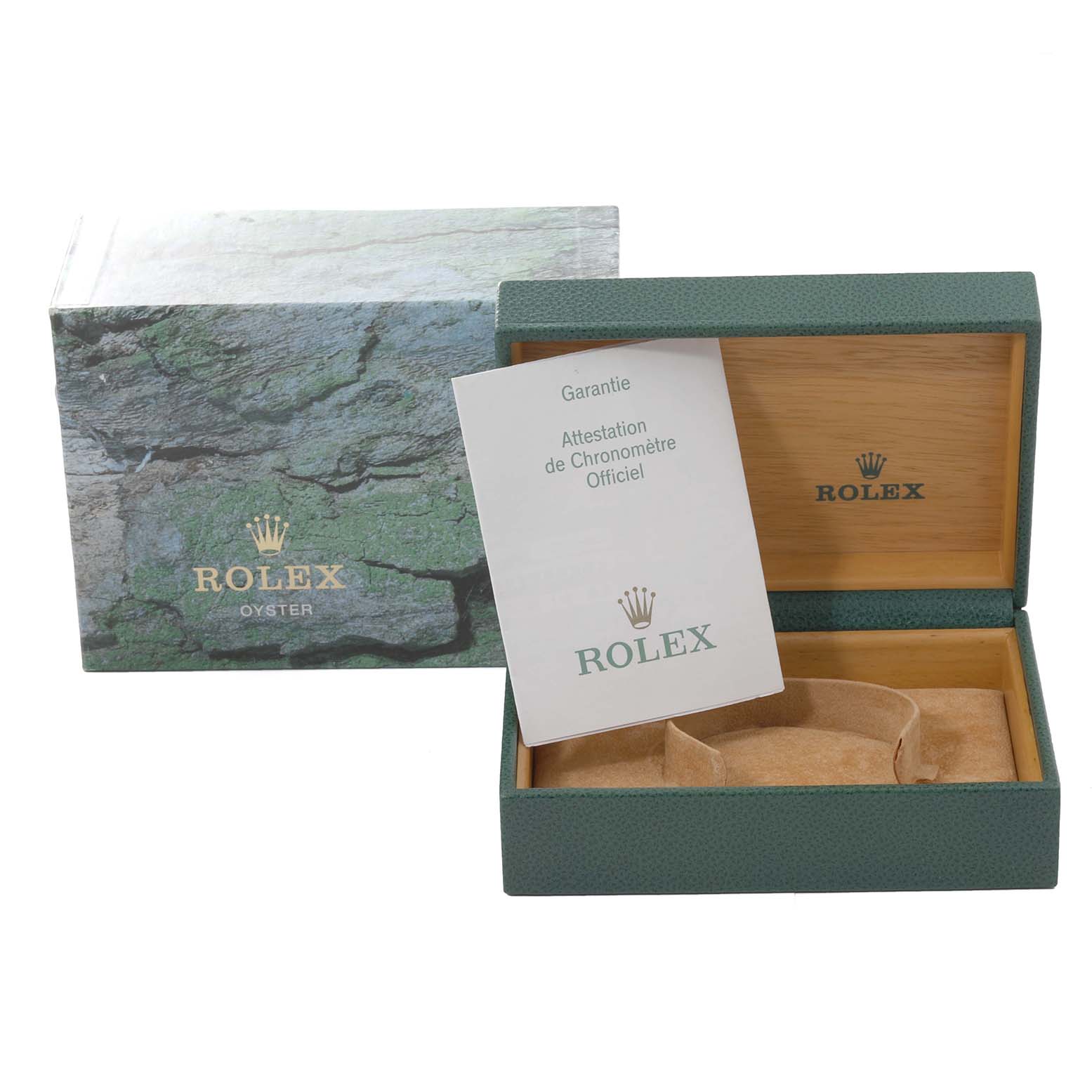 The image shows the open box and guarantee card for a Rolex Datejust 16233 Men's Steel and Gold (two tone) Mother of Pearl Dial 16233 Men's Steel and Gold (two tone) Mother of Pearl Dial watch with the upper closed box in the background.