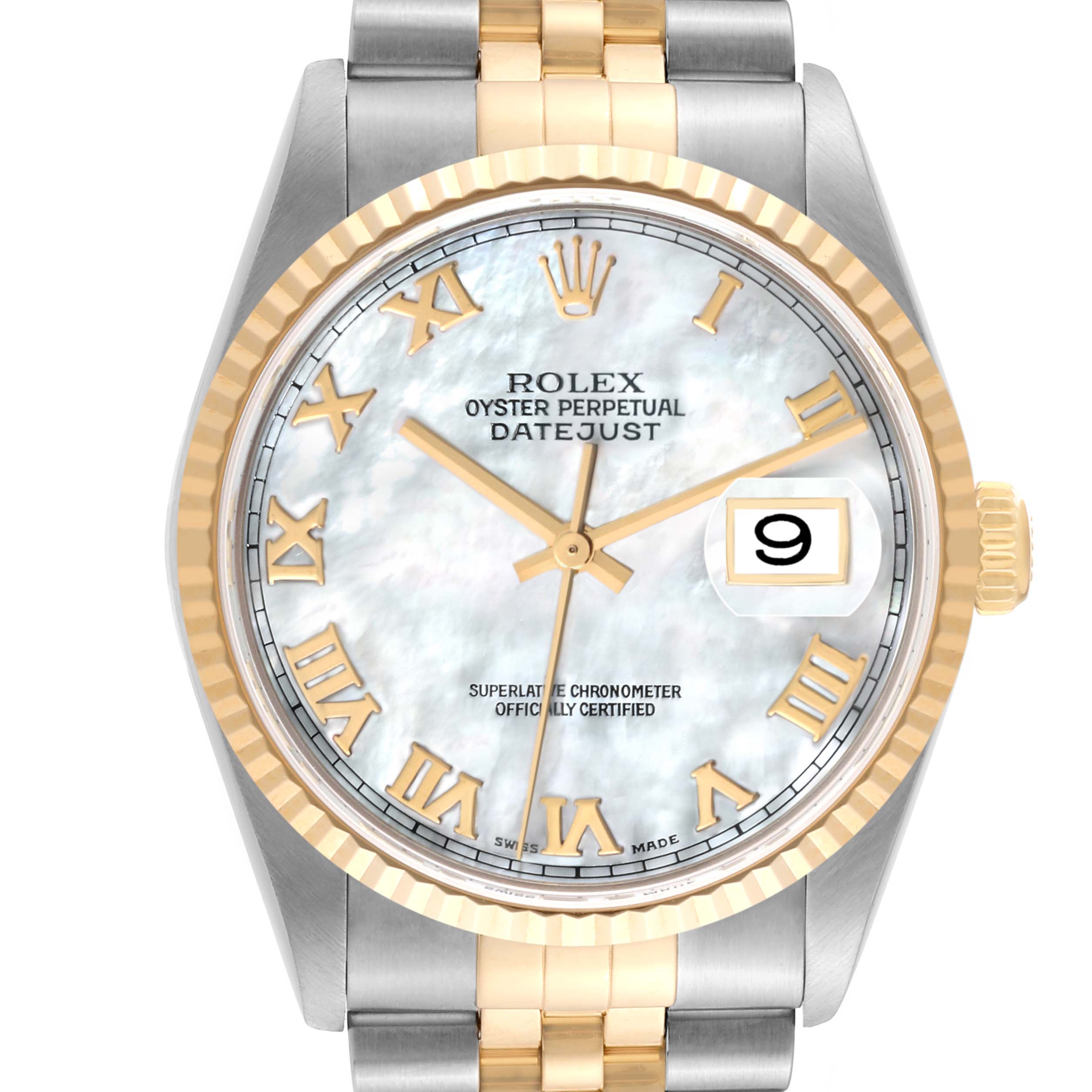 The image shows the face and part of the bracelet of a Rolex Datejust 16233 Men's Steel and Gold (two tone) Mother of Pearl Dial 16233 Men's Steel and Gold (two tone) Mother of Pearl Dial watch, viewed from the front.