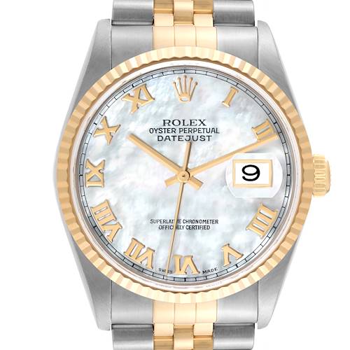 Photo of Rolex Datejust Steel Yellow Gold Mother of Pearl Mens Watch 16233 Box Papers