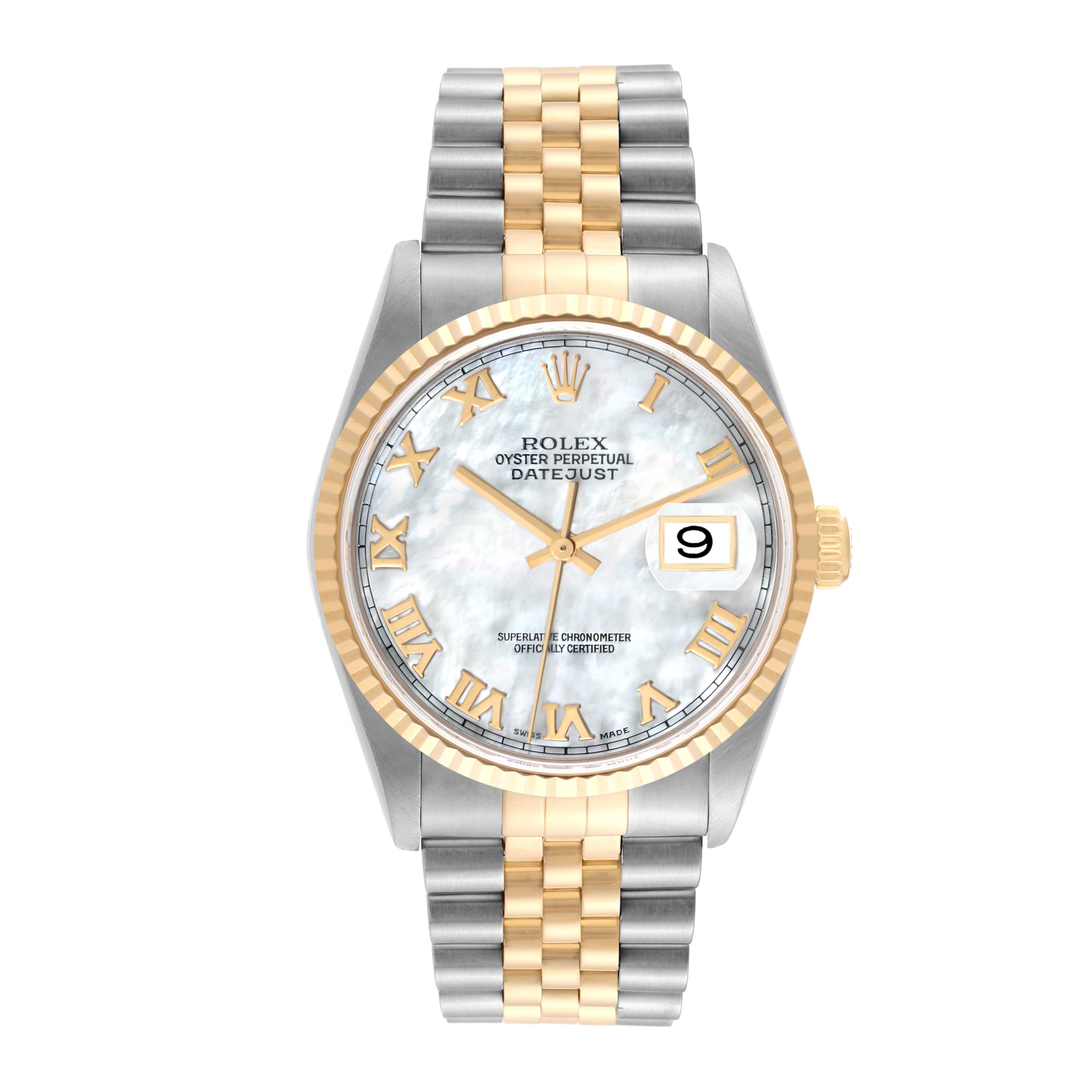 This image shows a front view of a Rolex Datejust 16233 Men's Steel and Gold (two tone) Mother of Pearl Dial 16233 Men's Steel and Gold (two tone) Mother of Pearl Dial watch, featuring a two-tone metal bracelet and a mother-of-pearl dial.