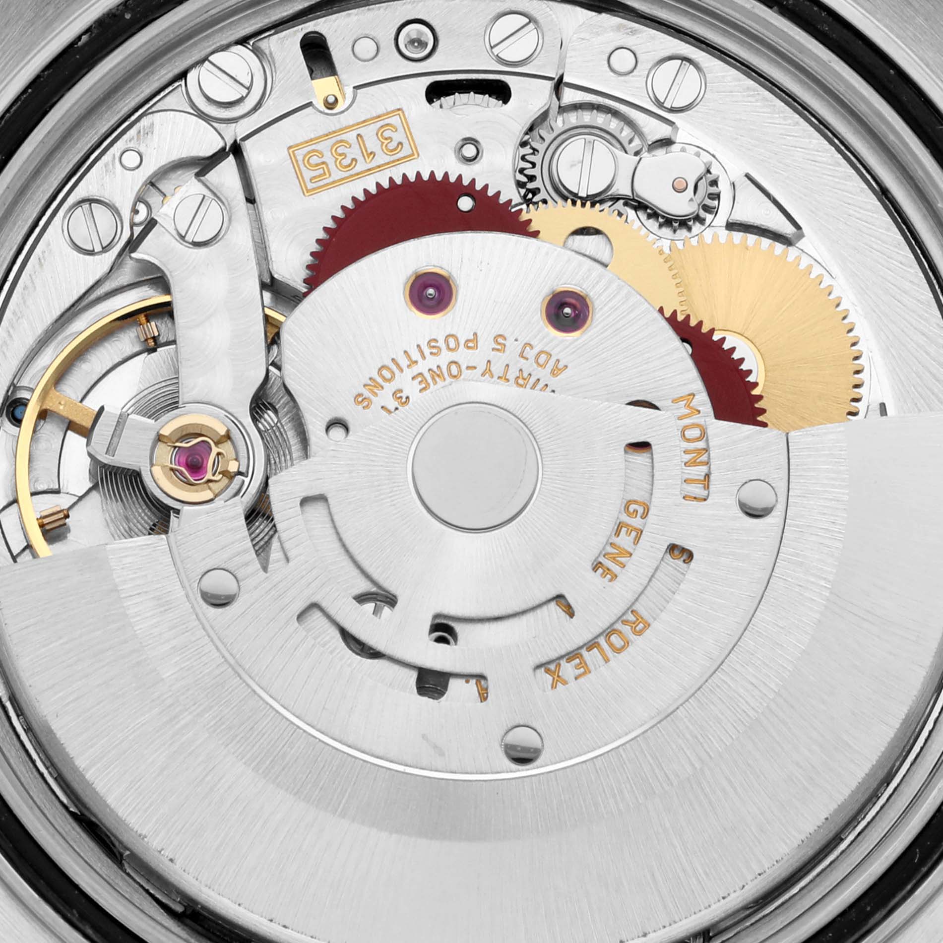 The image shows the movement mechanism of a Rolex Datejust 16233 Men's Steel and Gold (two tone) Mother of Pearl Dial 16233 Men's Steel and Gold (two tone) Mother of Pearl Dial watch from a close-up, top-down angle.