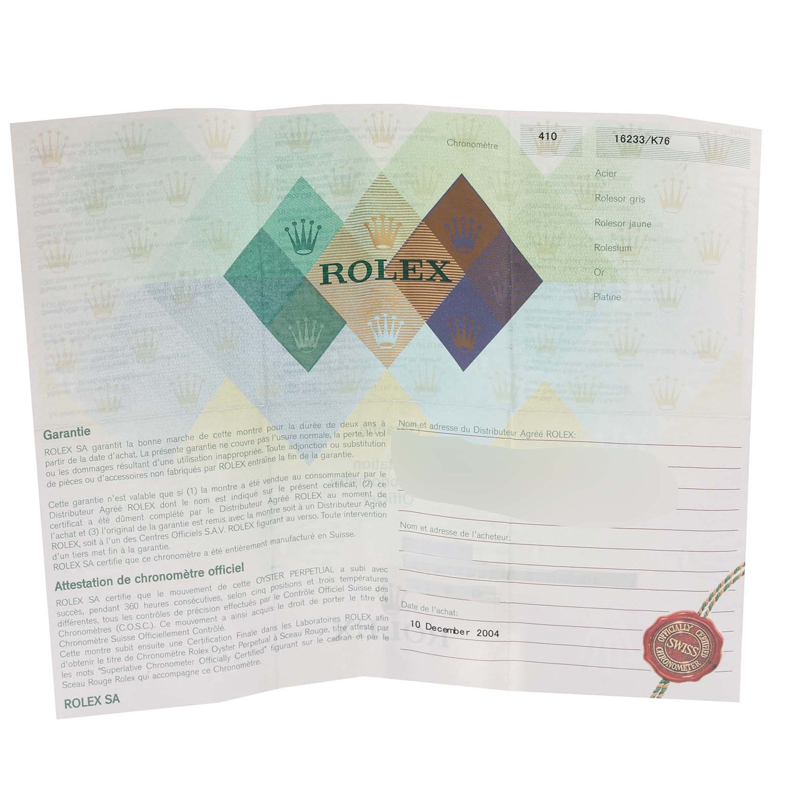 This image shows an open warranty certificate for a Rolex Datejust 16233 Men's Steel and Gold (two tone) Mother of Pearl Dial 16233 Men's Steel and Gold (two tone) Mother of Pearl Dial watch, detailing purchase information and warranty terms.