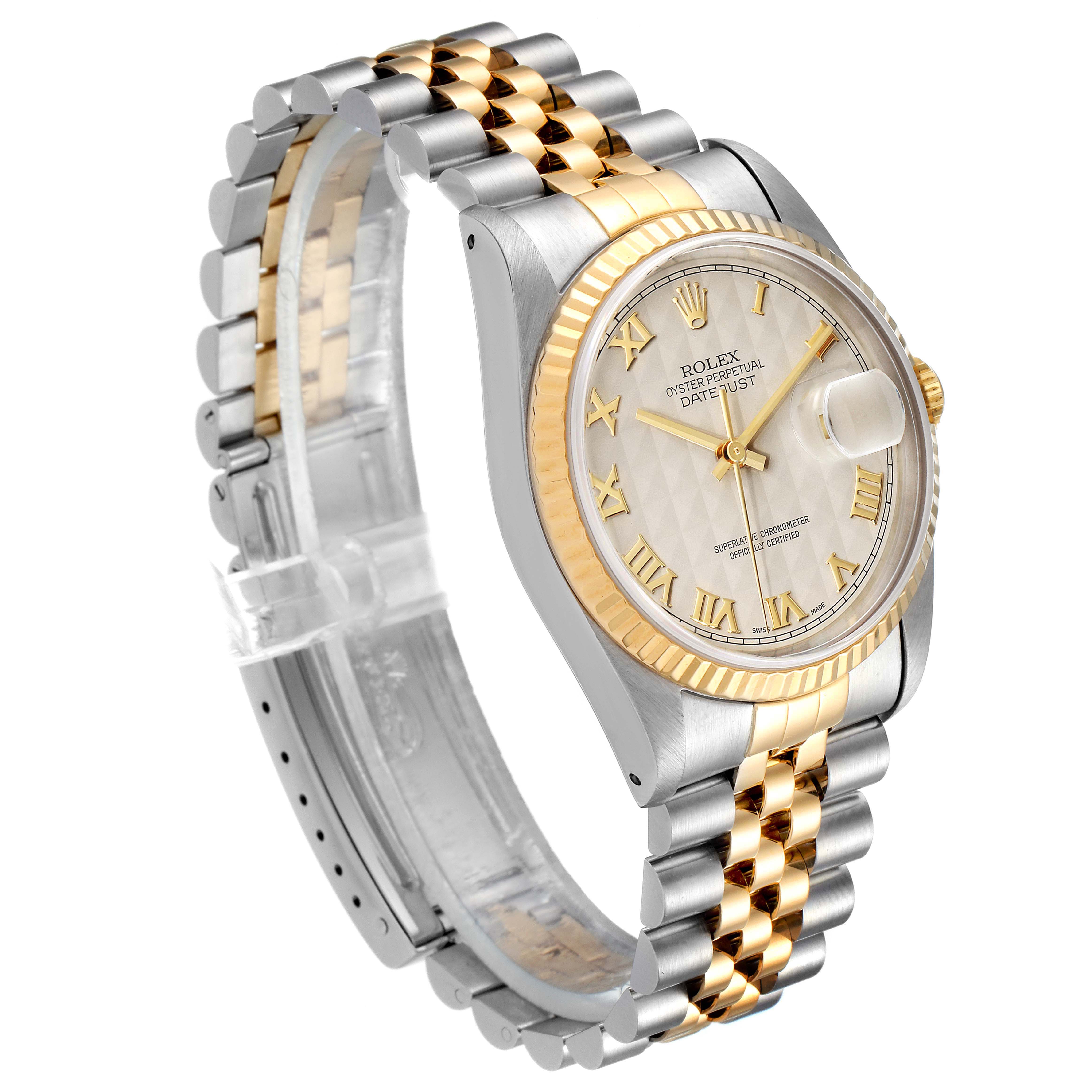 This image shows a side angle of a Rolex Datejust 16233 Men
s Steel and Gold (two tone) Beige Dial 16233 Men
s Steel and Gold (two tone) Beige Dial watch, highlighting its two-tone bracelet and face with Roman numeral markers.