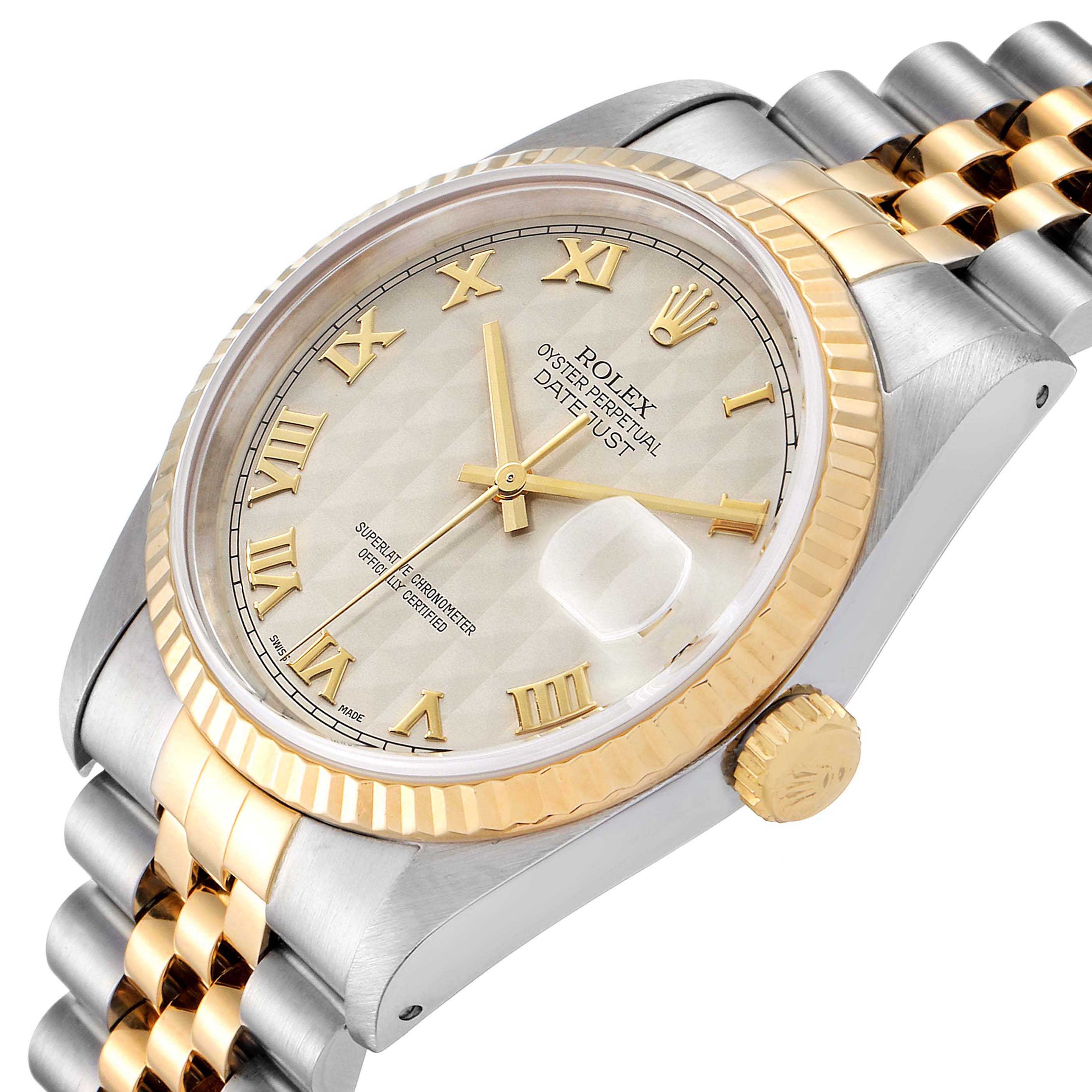 The image shows a side view of a Rolex Datejust 16233 Men
s Steel and Gold (two tone) Beige Dial 16233 Men
s Steel and Gold (two tone) Beige Dial watch, highlighting its bezel, crown, bracelet, and part of its face.