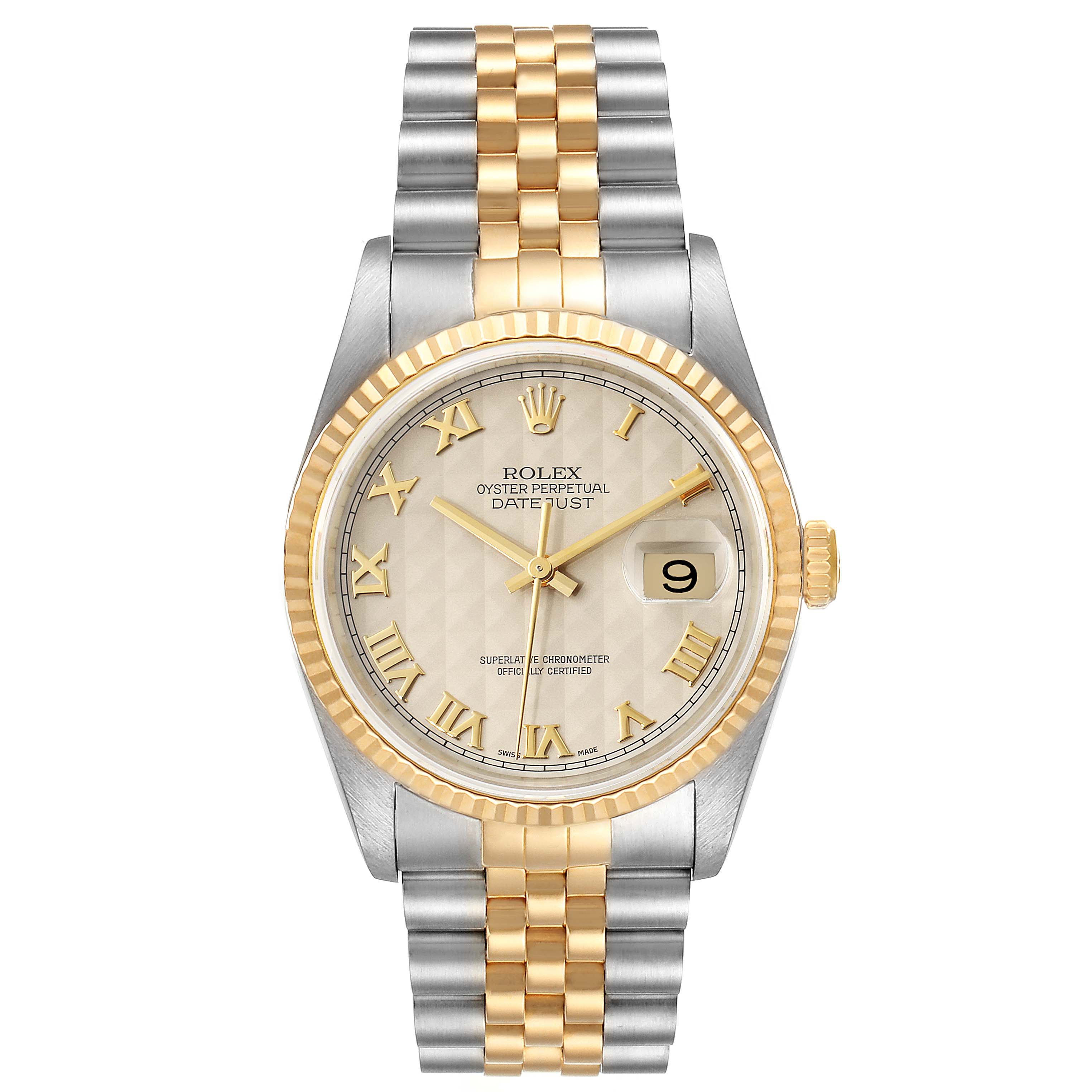 The image shows a Rolex Datejust 16233 Men
s Steel and Gold (two tone) Beige Dial 16233 Men
s Steel and Gold (two tone) Beige Dial watch from a front angle, displaying the dial, bezel, and bracelet.