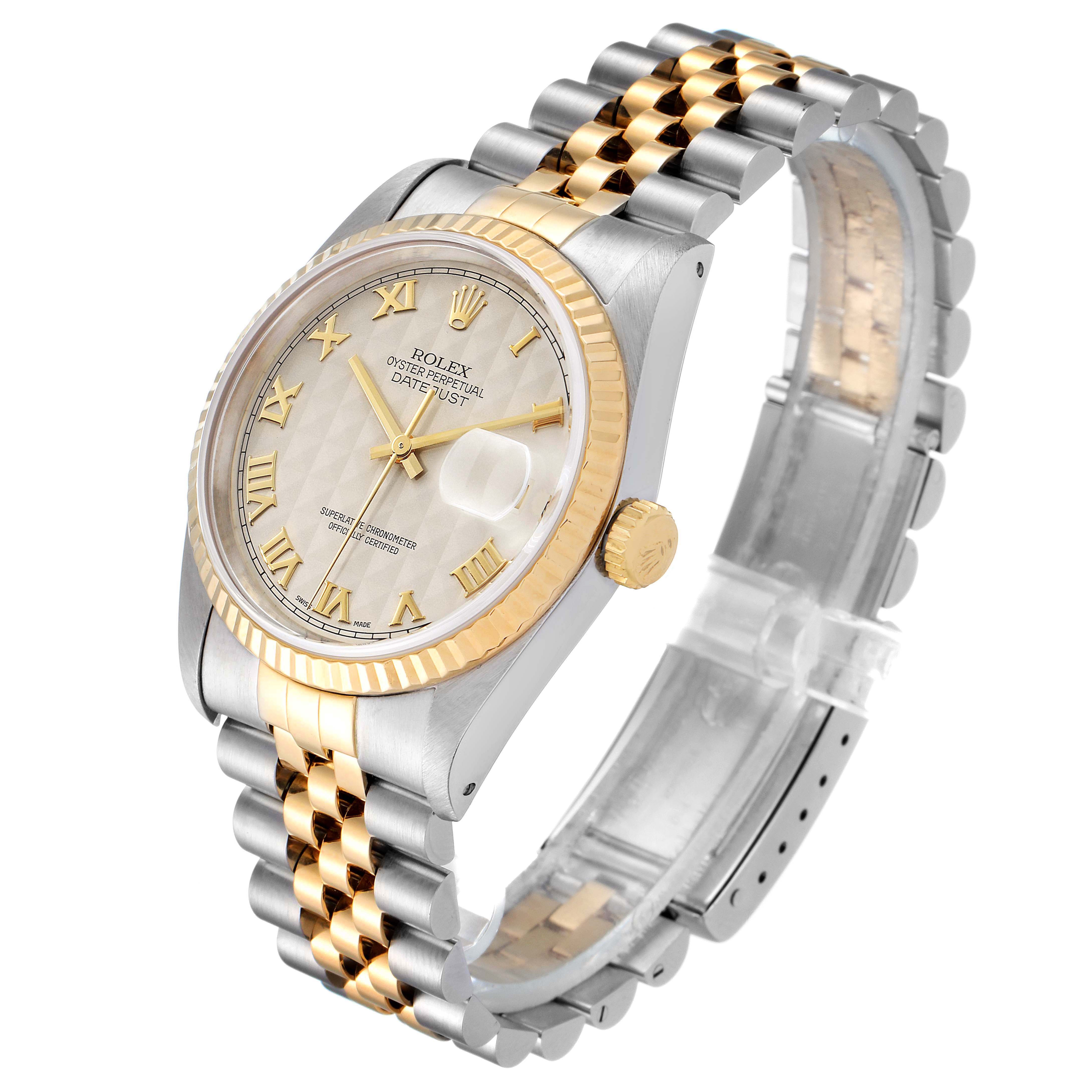 The image shows a Rolex Datejust 16233 Men
s Steel and Gold (two tone) Beige Dial 16233 Men
s Steel and Gold (two tone) Beige Dial watch angled to display the dial, bezel, crown, and bracelet.