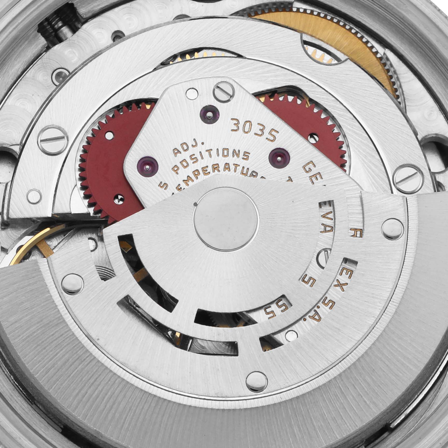 The image shows a close-up view of the movement of the Rolex Vintage Collection 16013 Men's Steel and Gold (two tone) Champagne Dial 16013 Men's Steel and Gold (two tone) Champagne Dial model, highlighting gears and inscriptions.