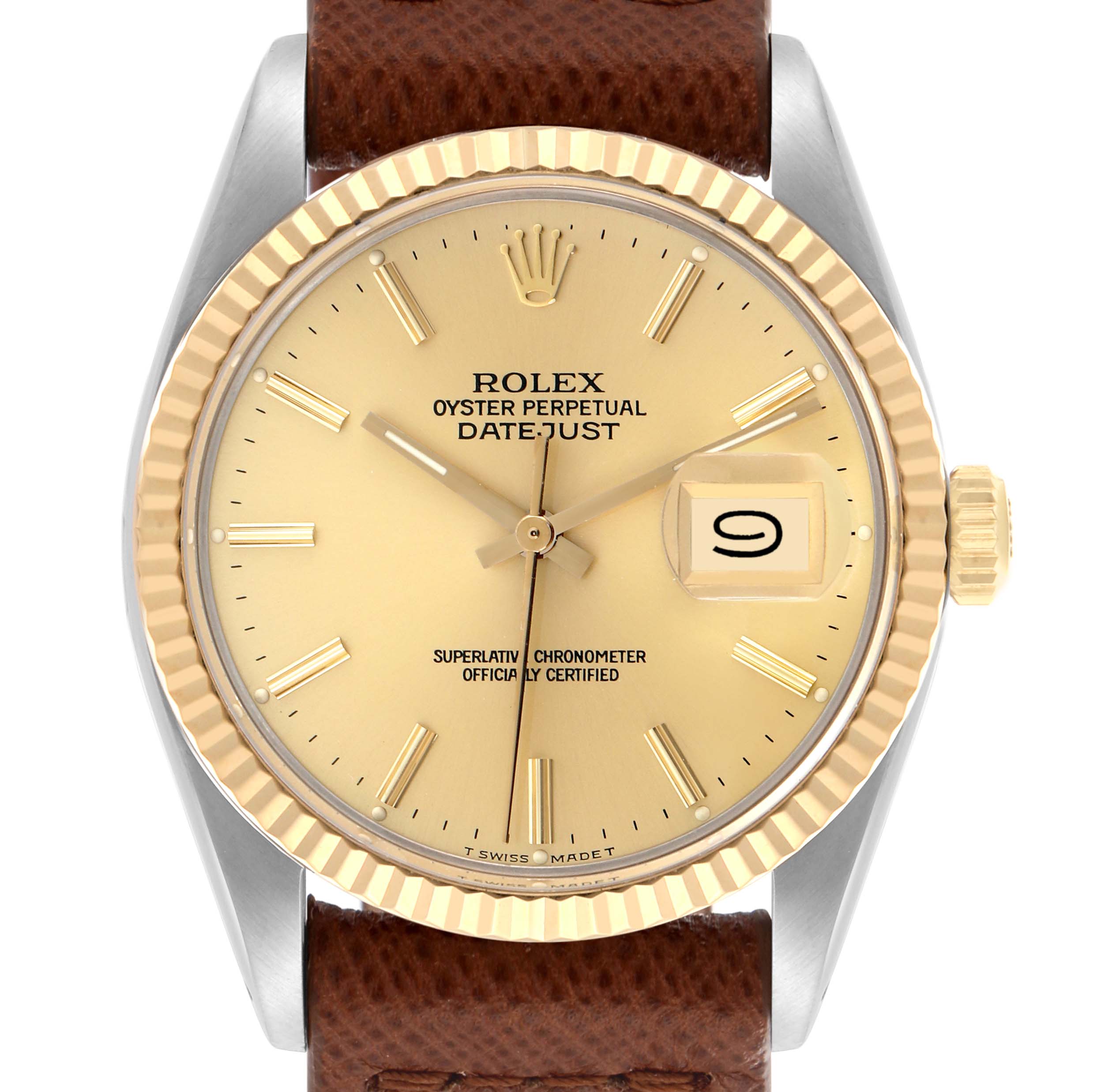 The Rolex Vintage Collection 16013 Men's Steel and Gold (two tone) Champagne Dial 16013 Men's Steel and Gold (two tone) Champagne Dial watch is shown from a frontal angle, displaying the face, crown, and bezel.