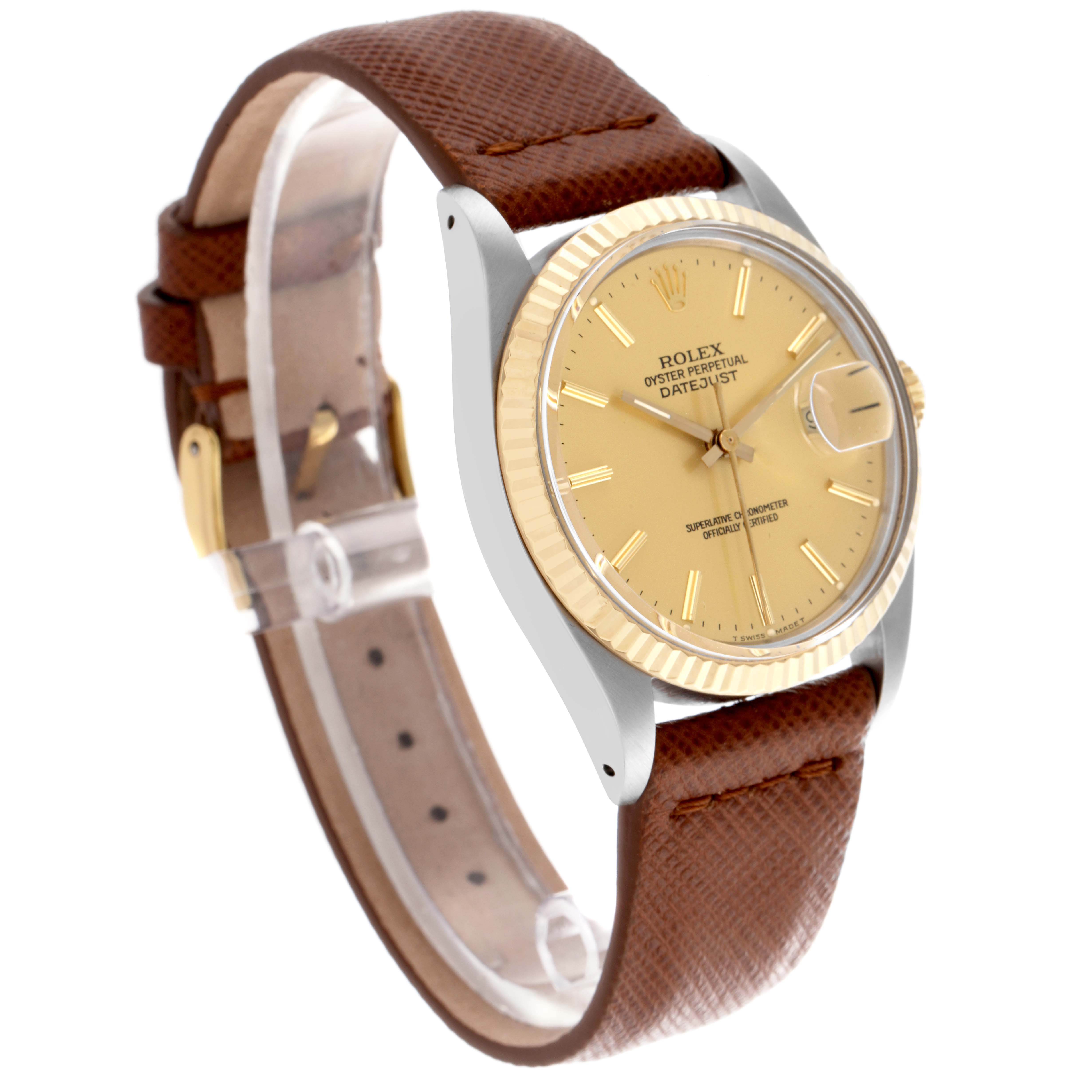 The Rolex Vintage Collection 16013 Men's Steel and Gold (two tone) Champagne Dial 16013 Men's Steel and Gold (two tone) Champagne Dial watch is shown at an angle highlighting the face, bezel, and leather strap.