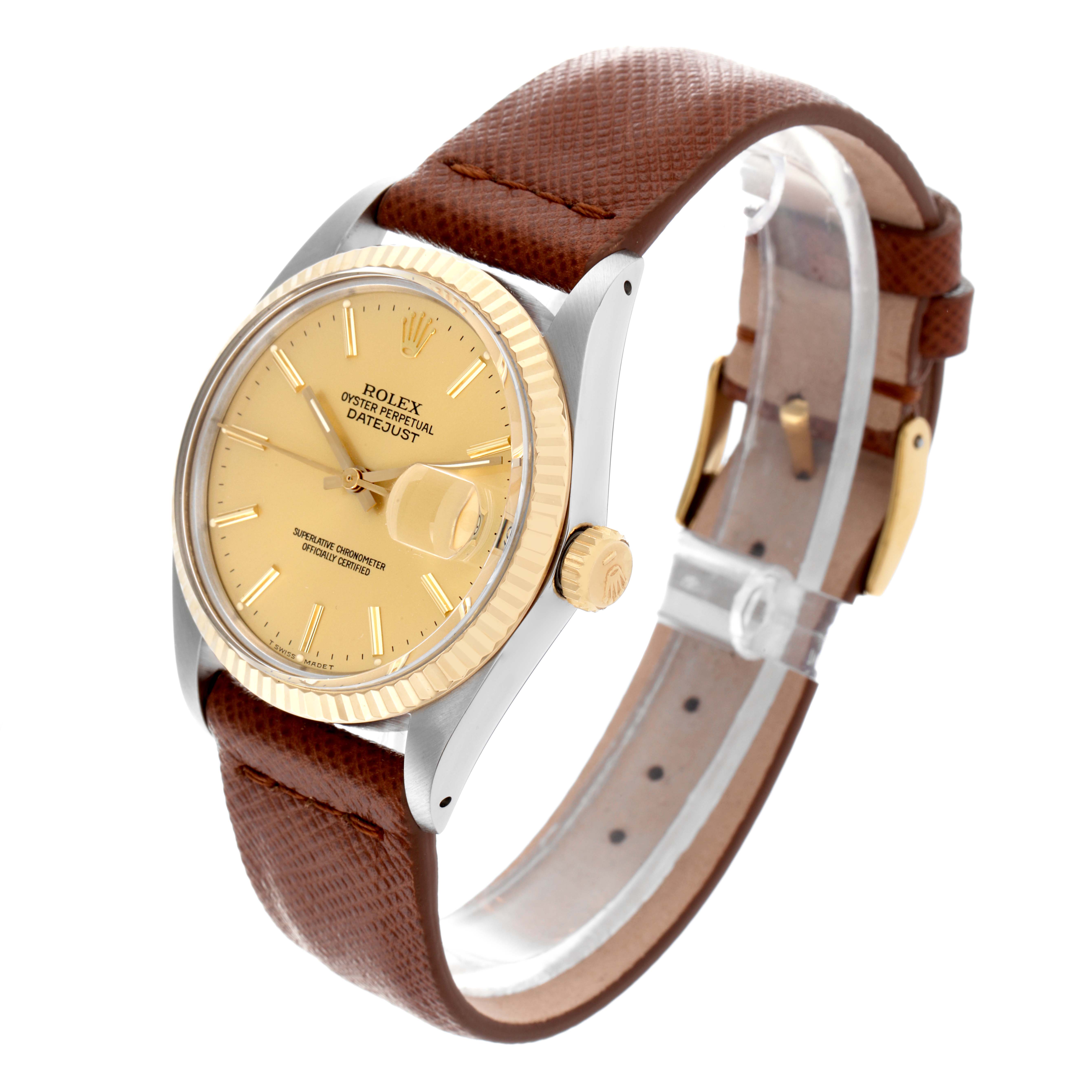 The Rolex Vintage Collection 16013 Men's Steel and Gold (two tone) Champagne Dial 16013 Men's Steel and Gold (two tone) Champagne Dial watch is shown at a three-quarter angle, highlighting the bezel, crown, and brown leather strap.