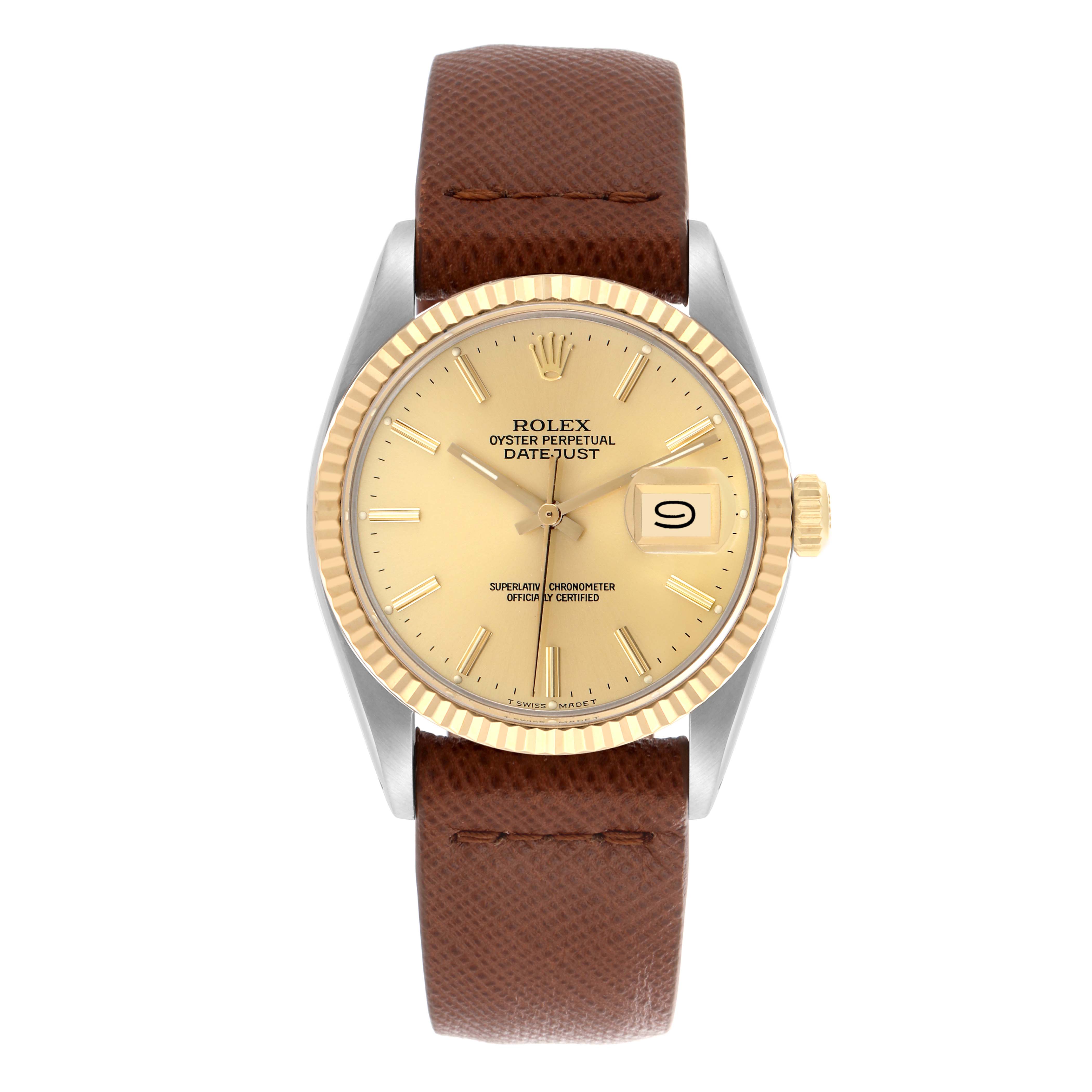 The Rolex Vintage Collection 16013 Men's Steel and Gold (two tone) Champagne Dial 16013 Men's Steel and Gold (two tone) Champagne Dial model is shown from a top-down angle, highlighting the dial, bezel, crown, and leather strap.