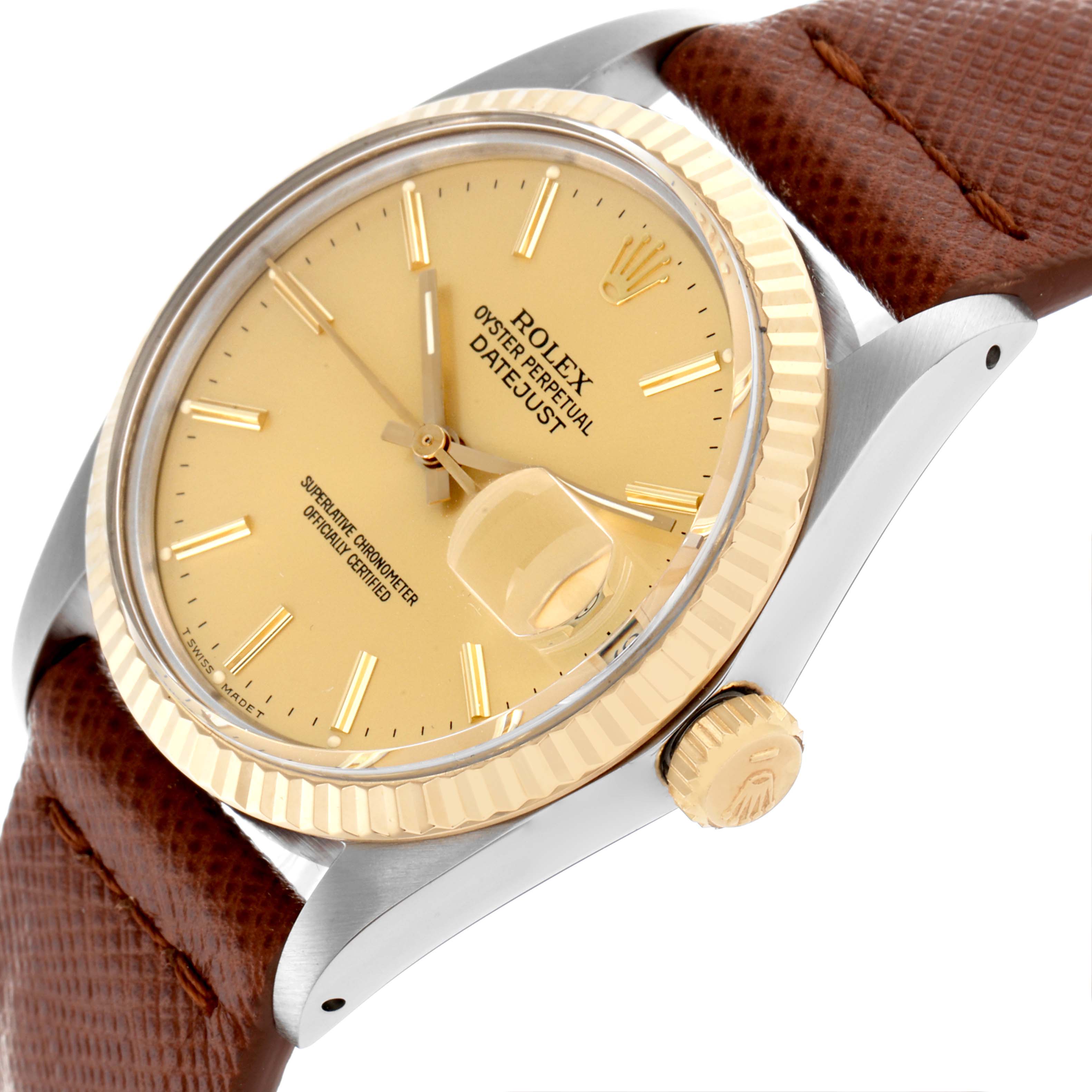 The Rolex Vintage Collection 16013 Men's Steel and Gold (two tone) Champagne Dial 16013 Men's Steel and Gold (two tone) Champagne Dial watch is shown from a side angle, featuring the crown, bezel, dial, and part of the leather strap.