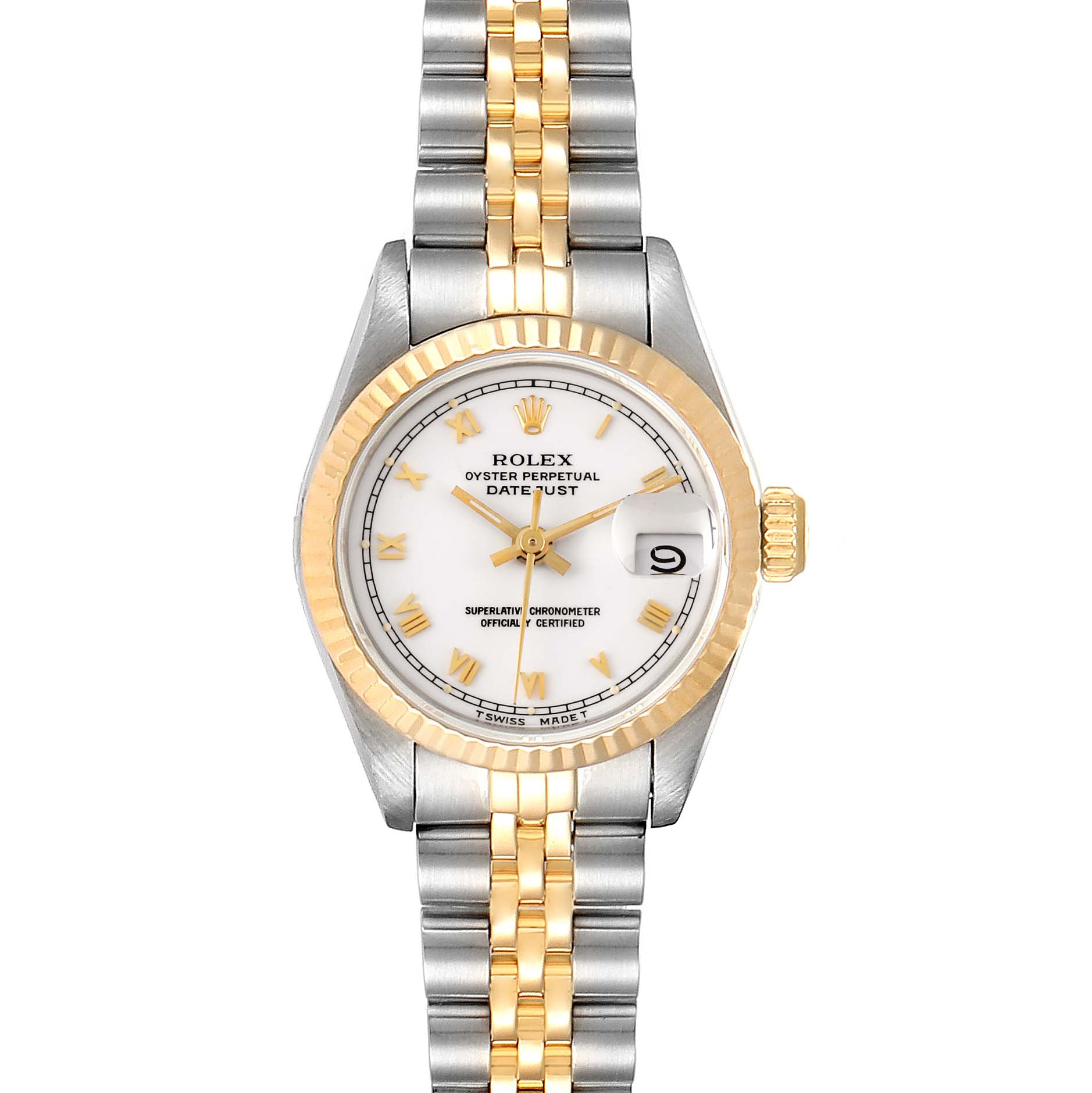 This image shows a frontal view of a Rolex Datejust 69173 Women
s Stainless Steel White Dial 69173 Women
s Stainless Steel White Dial watch, displaying its face, bezel, crown, and bracelet.