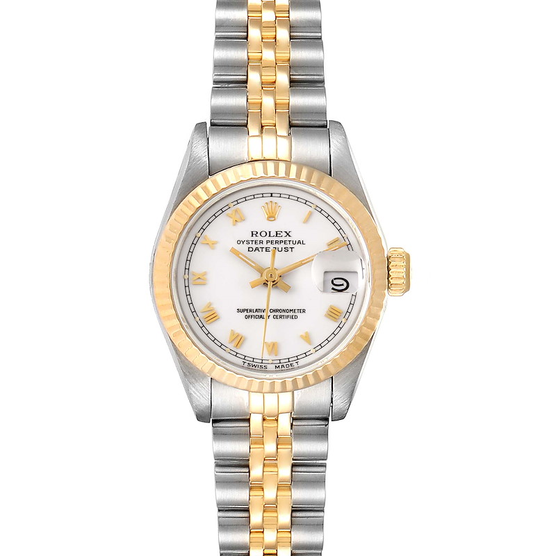 This image shows a frontal view of a Rolex Datejust watch, displaying its face, bezel, crown, and bracelet.