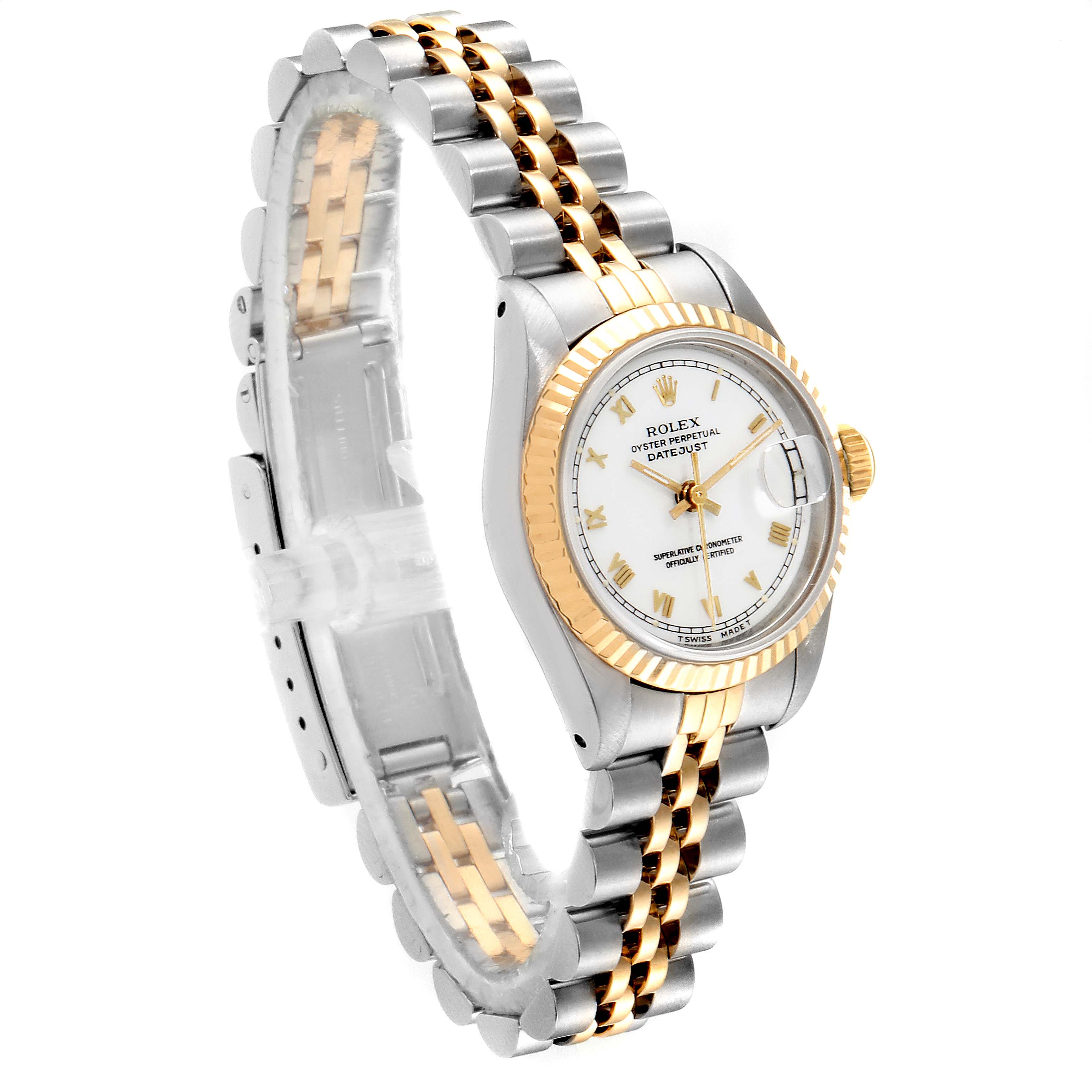 The image displays a Rolex Datejust 69173 Women
s Stainless Steel White Dial 69173 Women
s Stainless Steel White Dial model from a front angle, showing the dial, bezel, and two-tone bracelet.