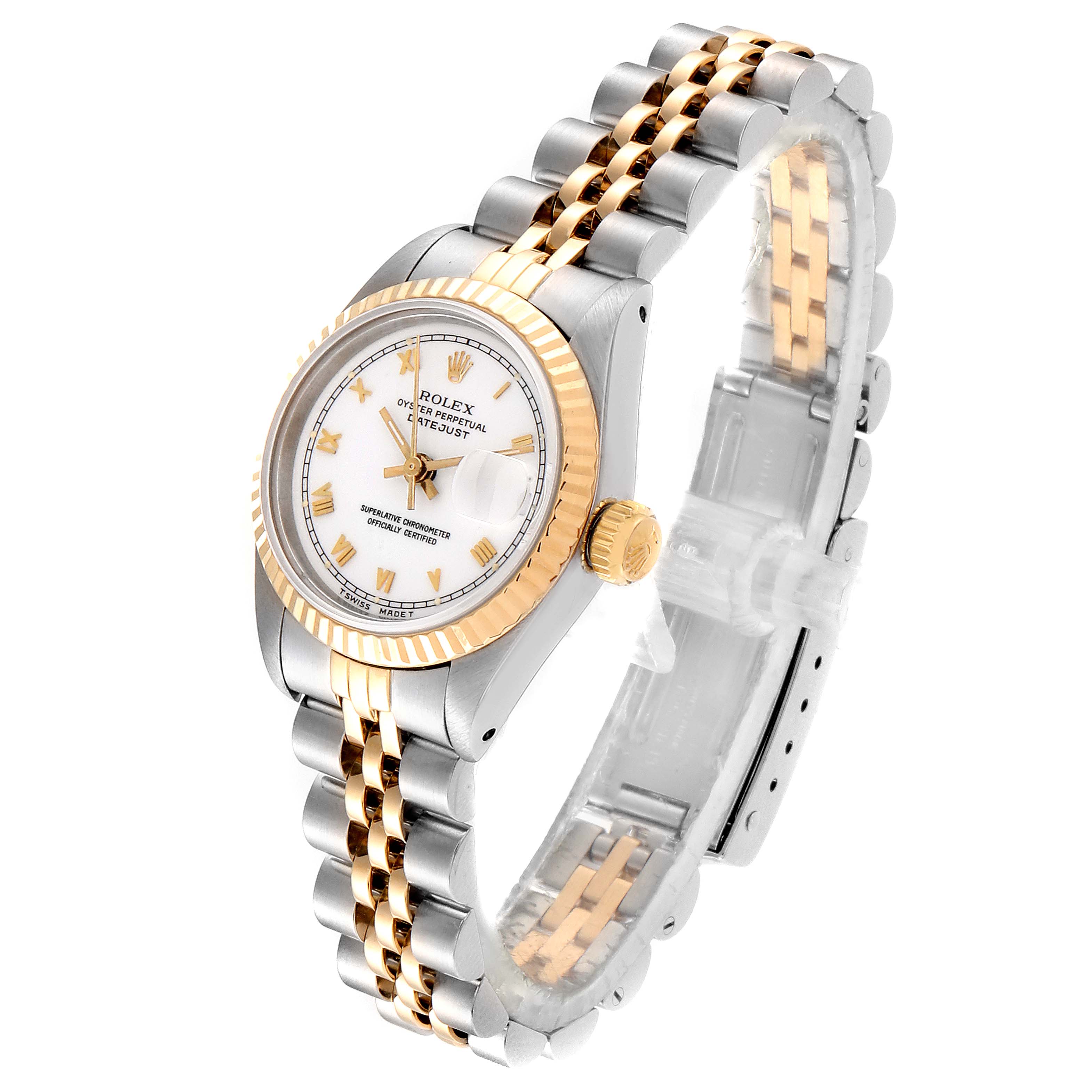 This image shows a Rolex Datejust 69173 Women
s Stainless Steel White Dial 69173 Women
s Stainless Steel White Dial watch at a three-quarter angle, highlighting the face, bezel, crown, and bracelet.