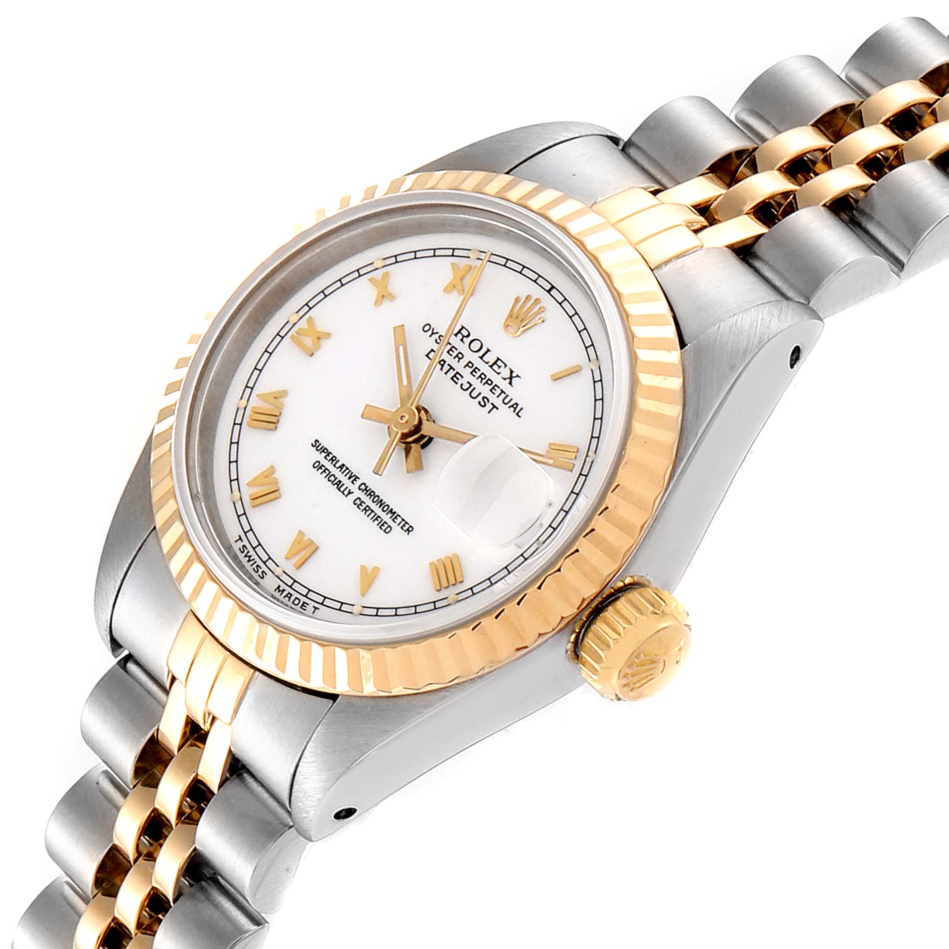 This angled image showcases the Rolex Datejust 69173 Women
s Stainless Steel White Dial 69173 Women
s Stainless Steel White Dial watch face, bezel, crown, and part of the bracelet.
