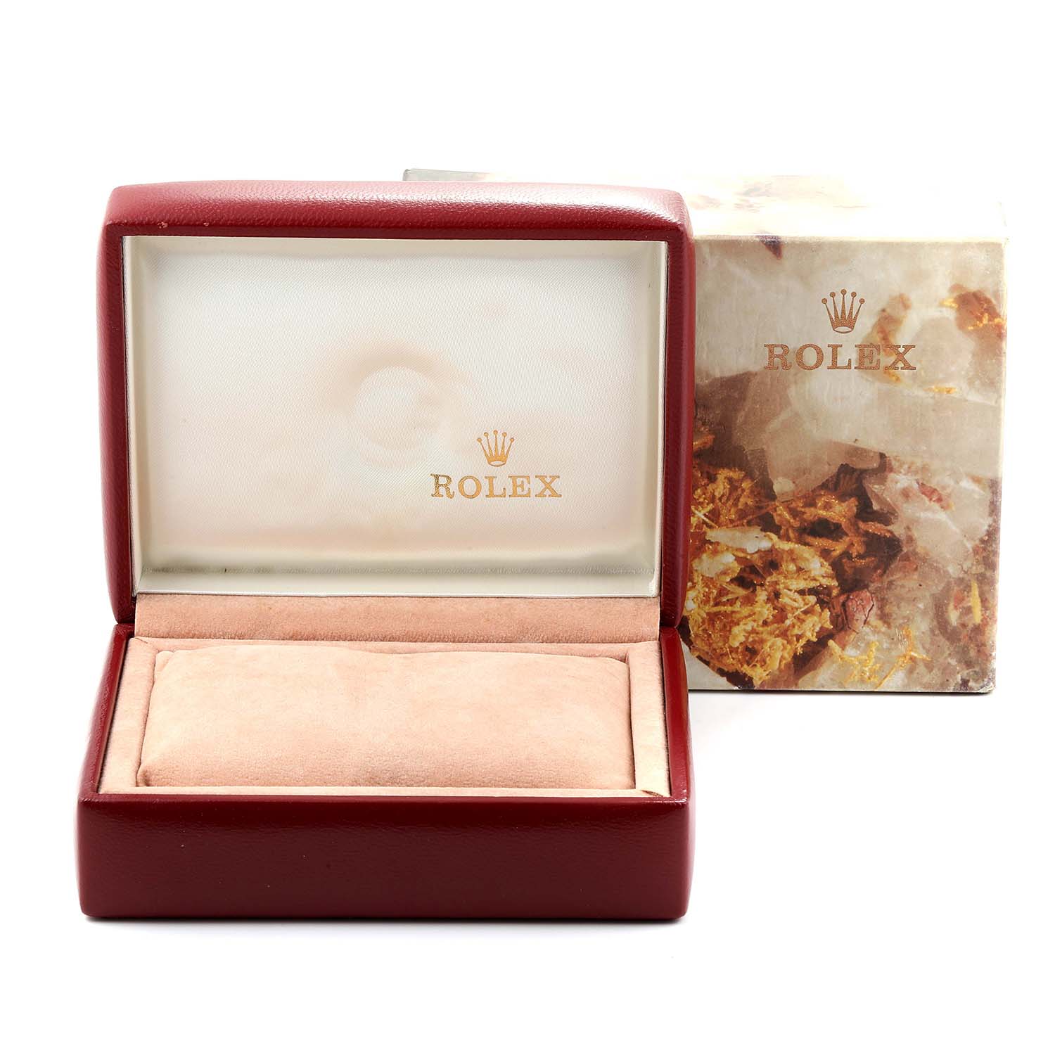 The image shows an open Rolex Datejust 69173 Women
s Stainless Steel White Dial 69173 Women
s Stainless Steel White Dial watch box with a cushion inside and the branded outer box in the background.