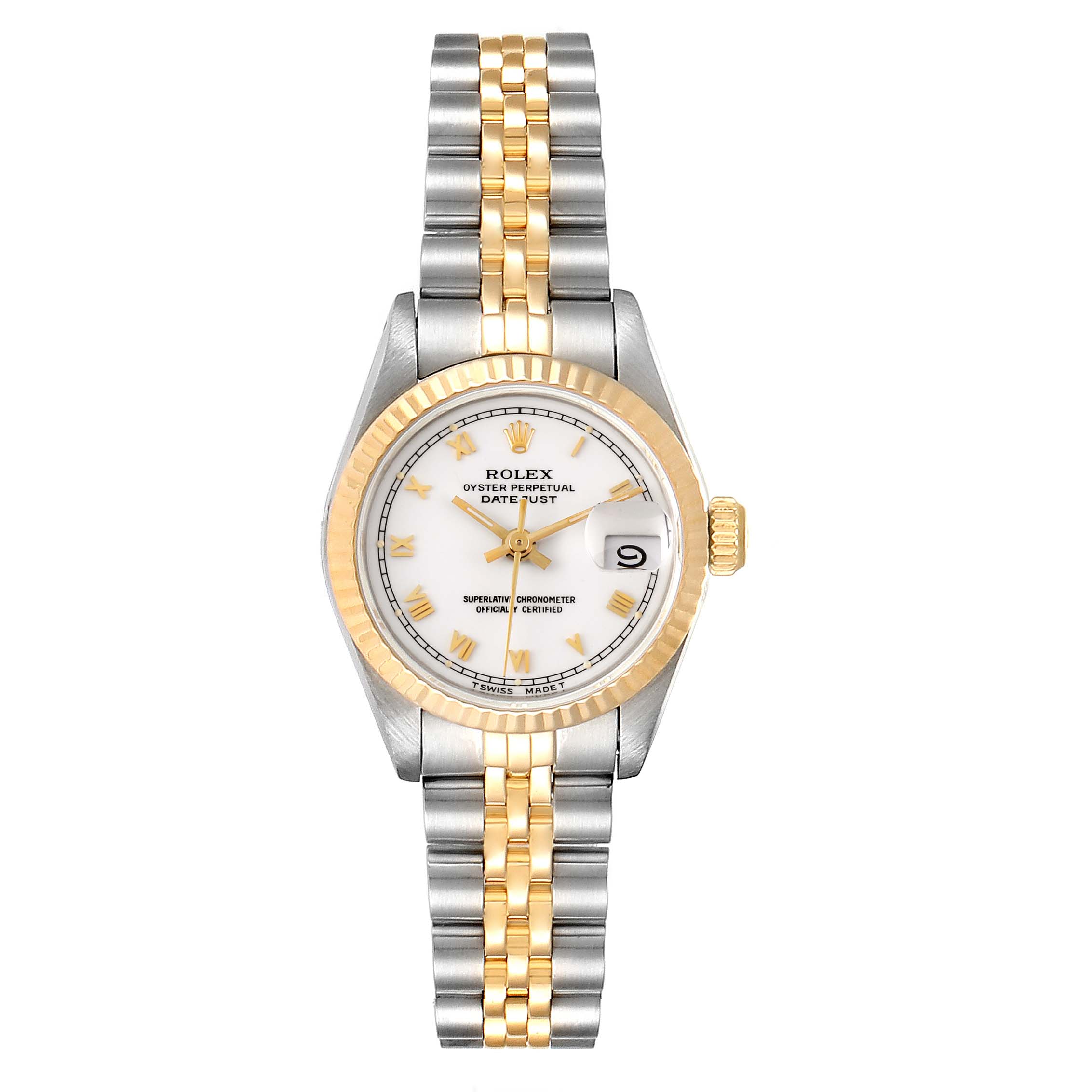 This image shows a front view of a Rolex Datejust 69173 Women
s Stainless Steel White Dial 69173 Women
s Stainless Steel White Dial watch, displaying the face, bezel, and metal bracelet.