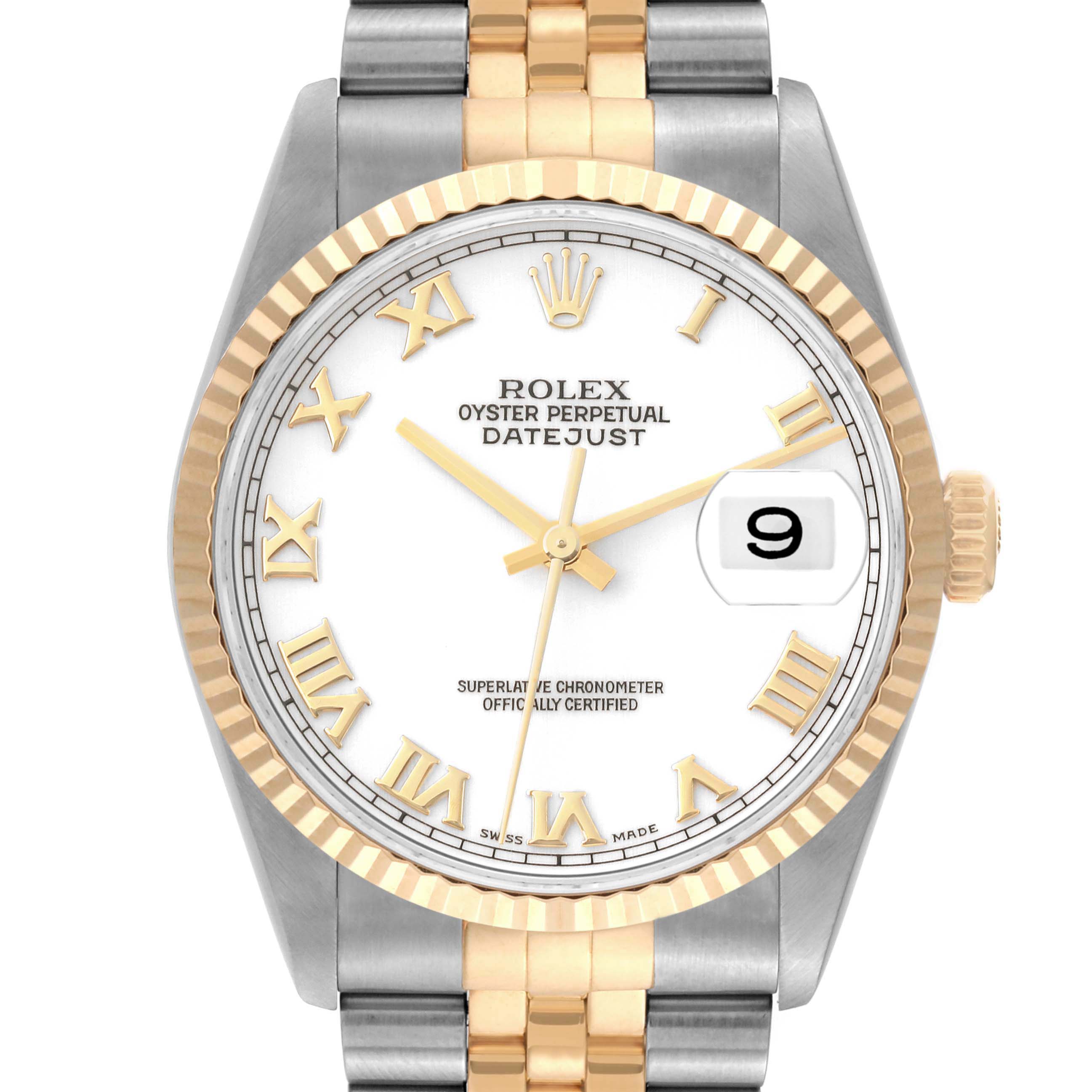 The image shows a front view of a Rolex Datejust 16233 Men's Steel and Gold (two tone) White Dial 16233 Men's Steel and Gold (two tone) White Dial watch, highlighting its face, bezel, crown, and part of the bracelet.
