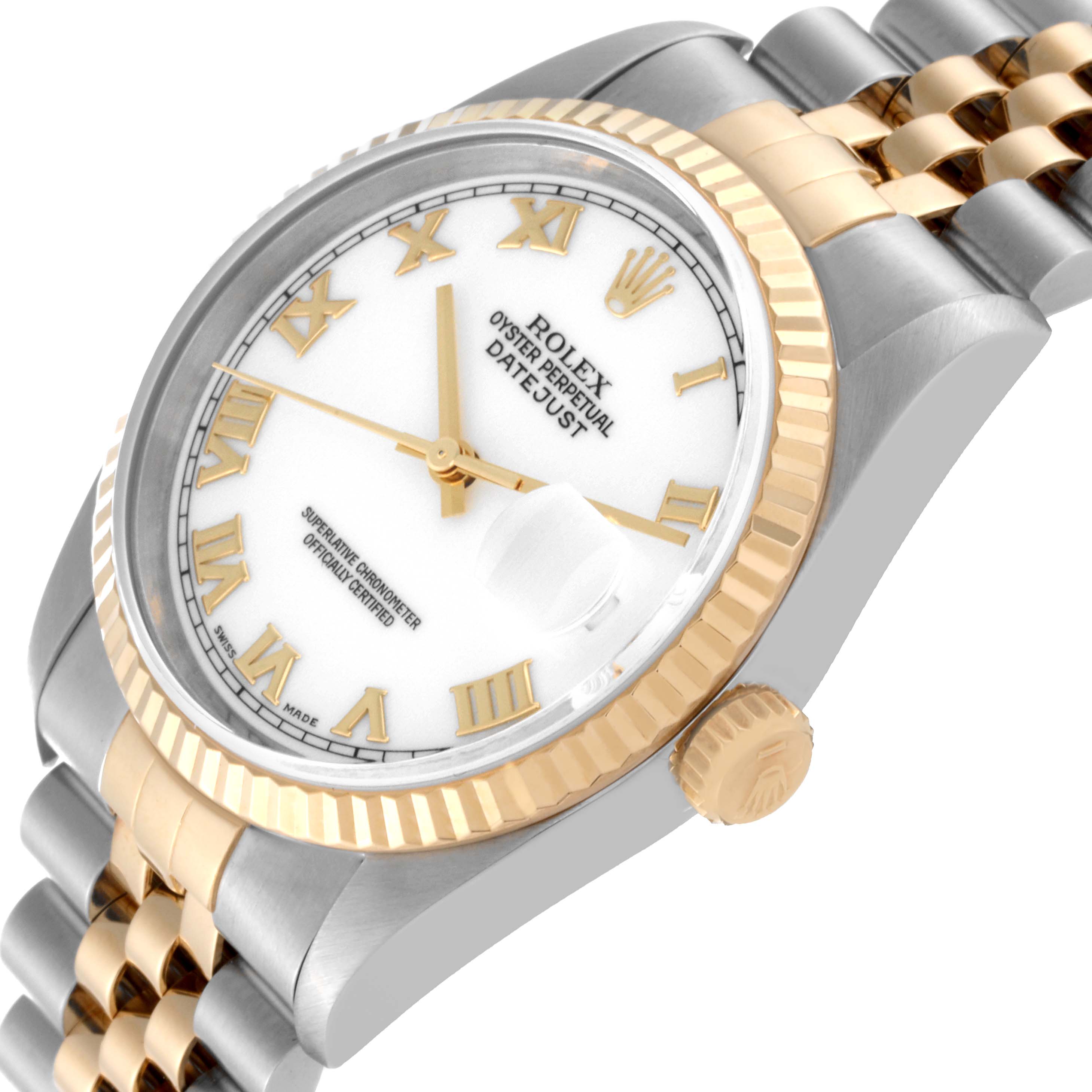 This image shows a Rolex Datejust 16233 Men's Steel and Gold (two tone) White Dial 16233 Men's Steel and Gold (two tone) White Dial watch angled to display the white dial, gold Roman numerals, fluted bezel, and Jubilee bracelet.