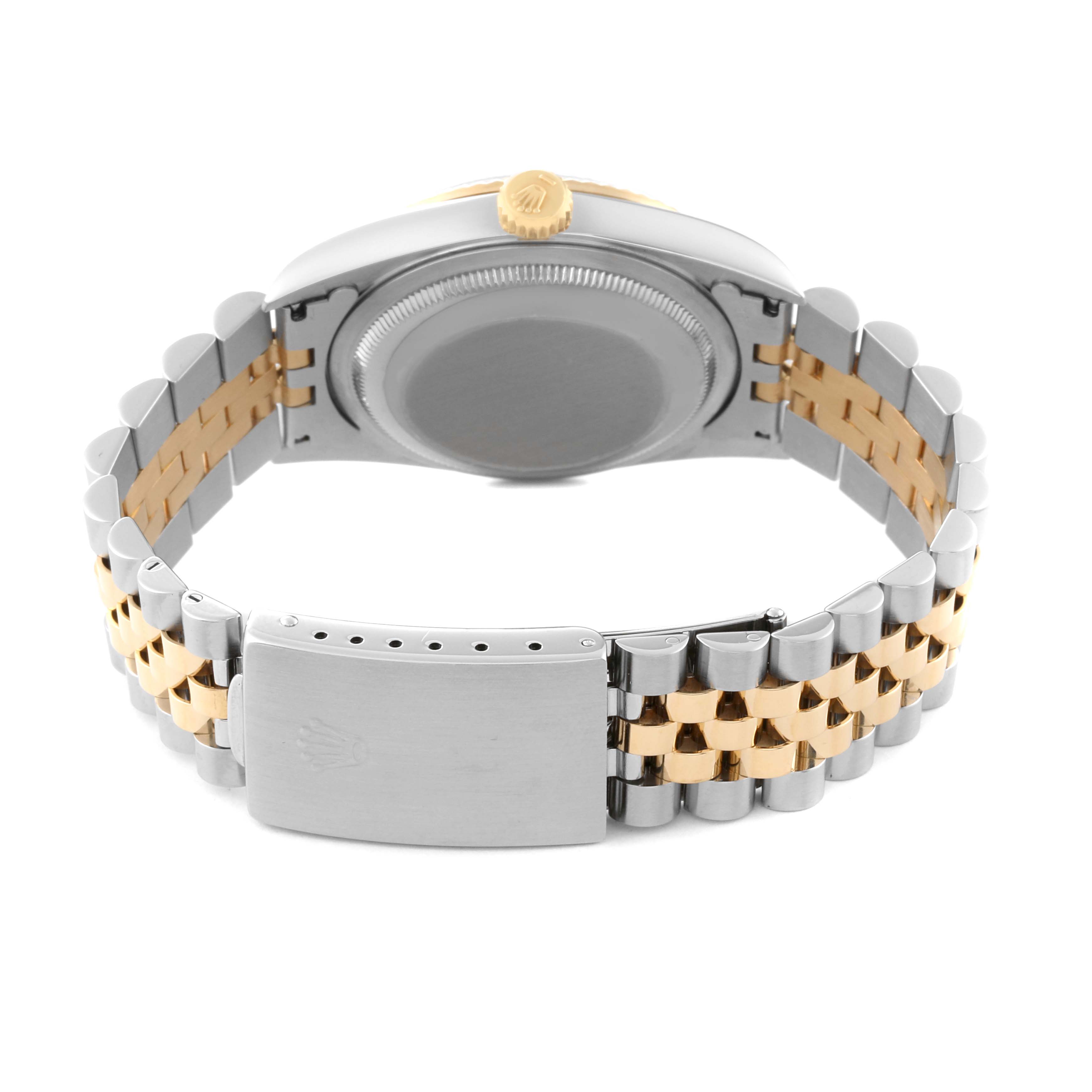 This image shows the back view of a Rolex Datejust 16233 Men's Steel and Gold (two tone) White Dial 16233 Men's Steel and Gold (two tone) White Dial watch, highlighting the case back and two-tone bracelet with a clasp.