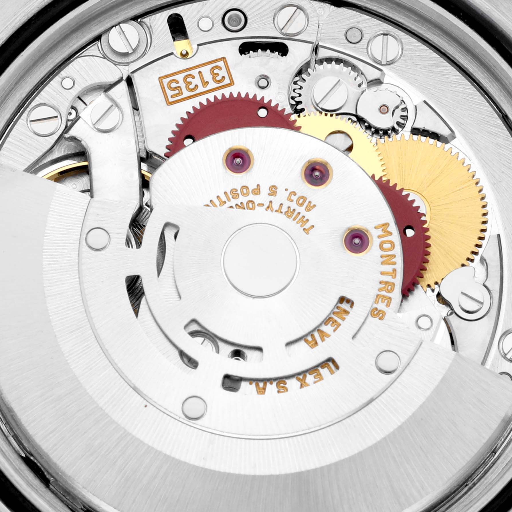 This image shows a close-up view of the intricate movement mechanism inside a Rolex Datejust 16233 Men's Steel and Gold (two tone) White Dial 16233 Men's Steel and Gold (two tone) White Dial watch.