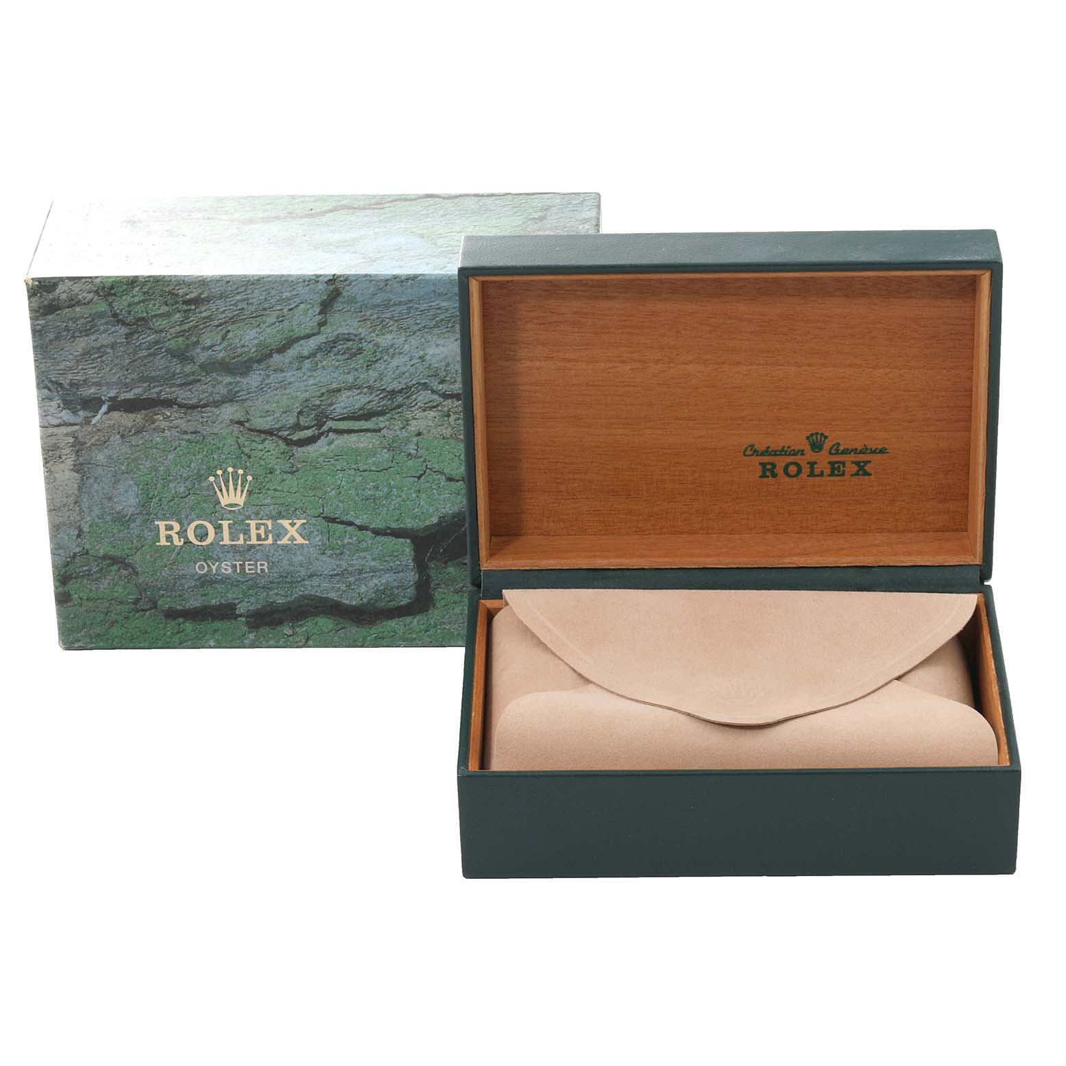 This image shows the open box and outer packaging of a Rolex Datejust 16233 Men's Steel and Gold (two tone) White Dial 16233 Men's Steel and Gold (two tone) White Dial watch, featuring a green outer box and wooden inner box.