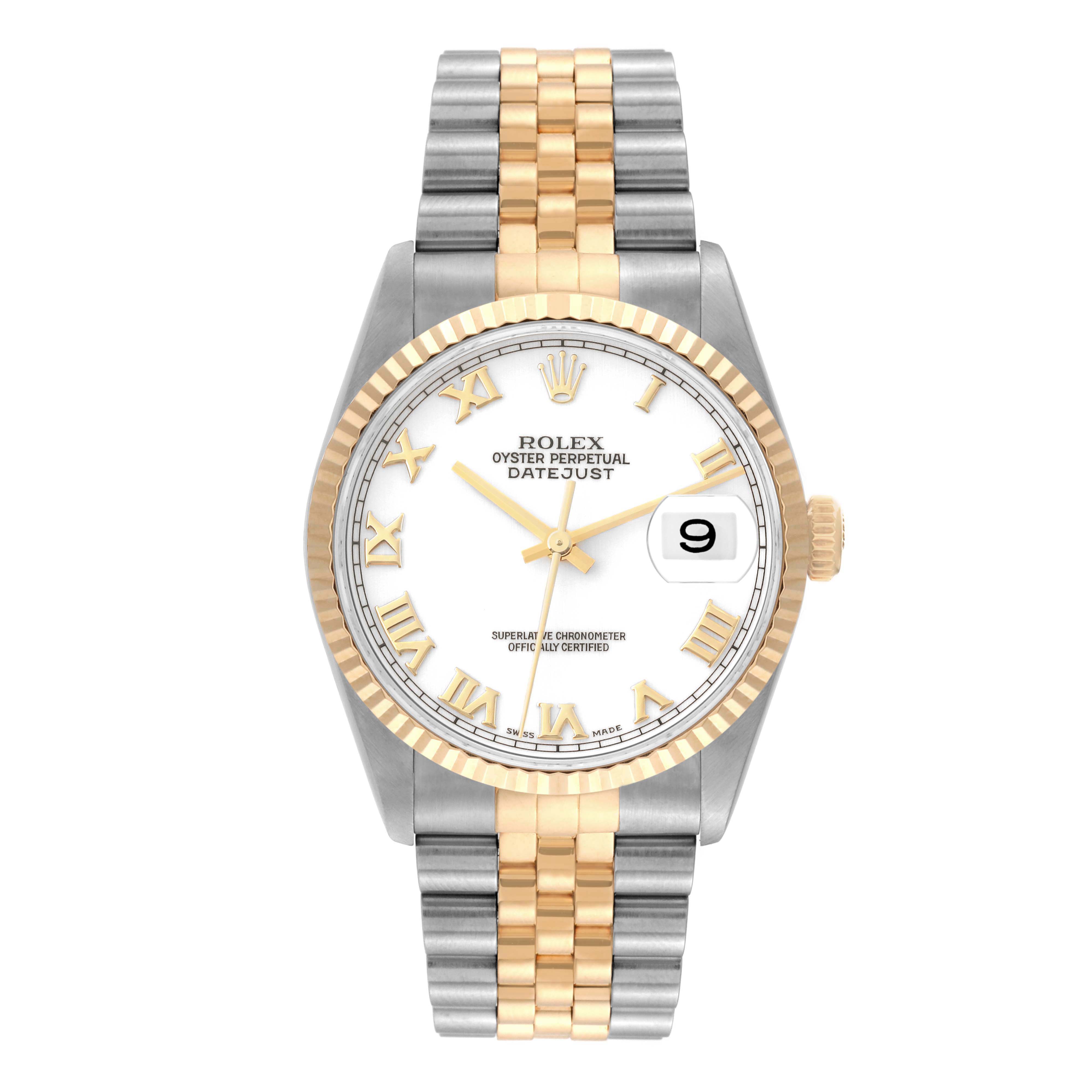 This Rolex Datejust 16233 Men's Steel and Gold (two tone) White Dial 16233 Men's Steel and Gold (two tone) White Dial watch is shown from a top-down angle, displaying its face, bezel, and bracelet.
