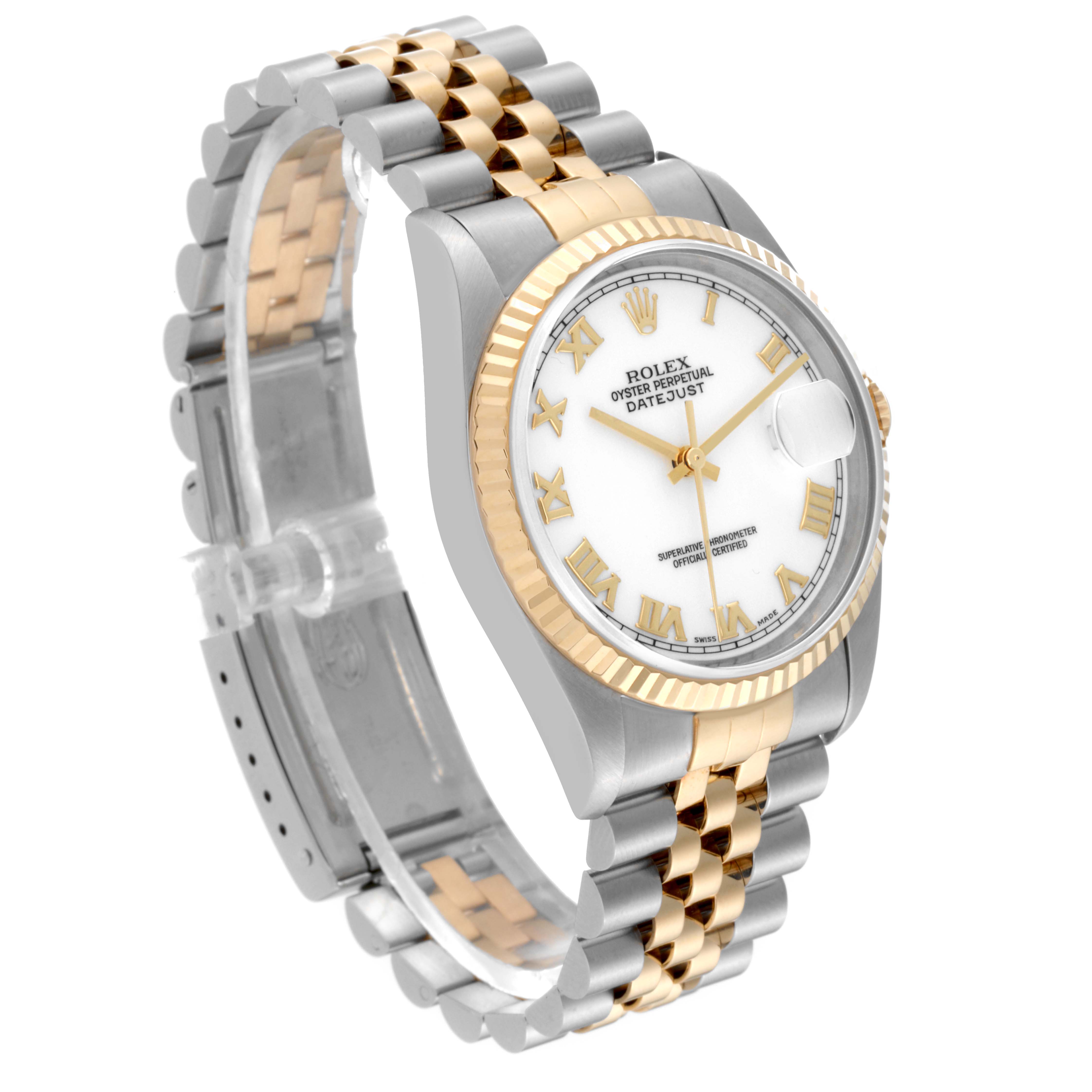This image shows a Rolex Datejust 16233 Men's Steel and Gold (two tone) White Dial 16233 Men's Steel and Gold (two tone) White Dial watch with a gold and silver Jubilee bracelet, Roman numeral dial, and fluted bezel at a slight angle.