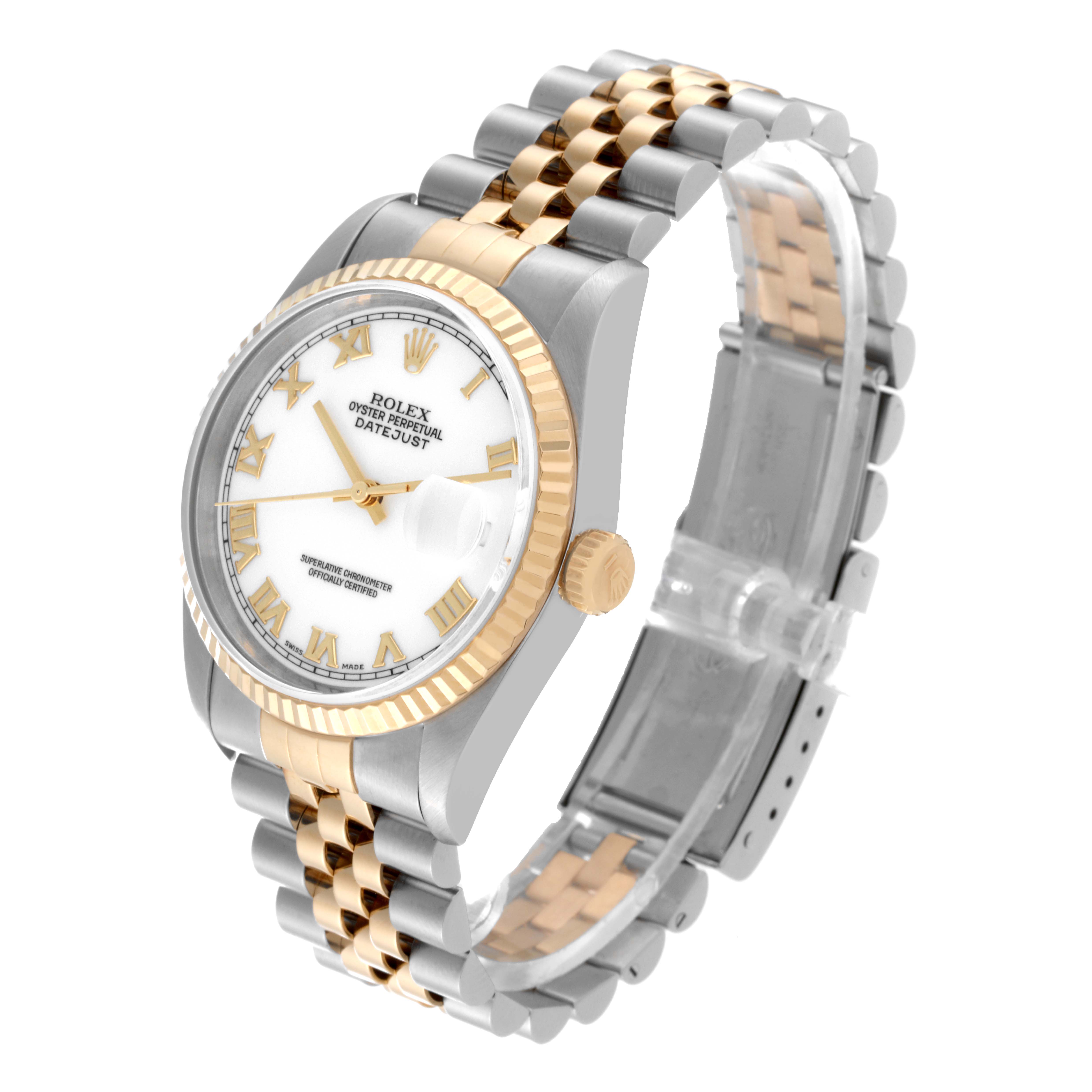 The image shows a Rolex Datejust 16233 Men's Steel and Gold (two tone) White Dial 16233 Men's Steel and Gold (two tone) White Dial watch at an angled view emphasizing the face, bezel, crown, and bracelet.