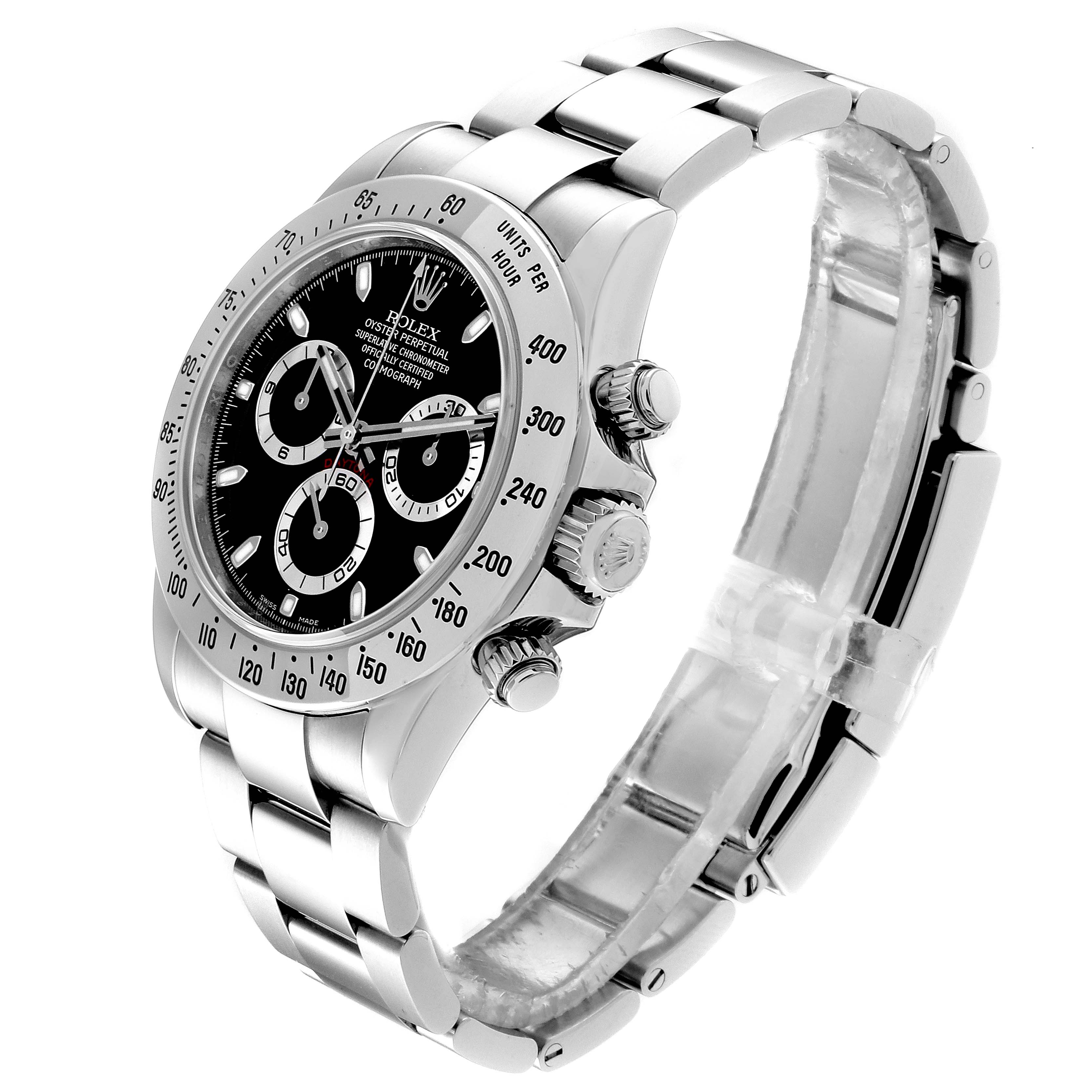 The image shows a side angle of the Rolex Daytona 116520 Men's Stainless Steel Black Dial 116520 Men's Stainless Steel Black Dial watch, highlighting its face, bezel, crown, pushers, and metal bracelet.
