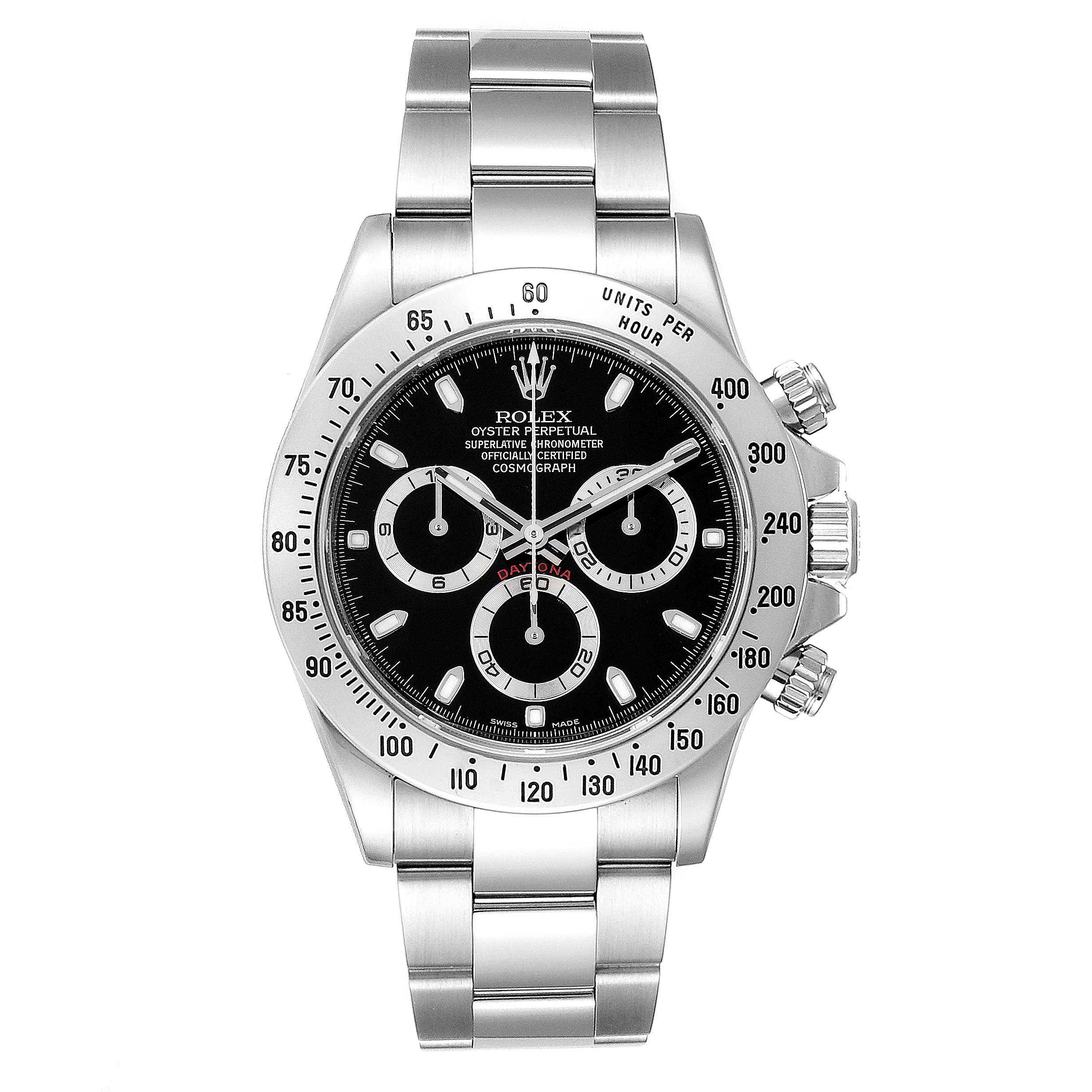 The image shows a frontal view of a Rolex Daytona 116520 Men's Stainless Steel Black Dial 116520 Men's Stainless Steel Black Dial watch, highlighting its face, bezel, and bracelet.