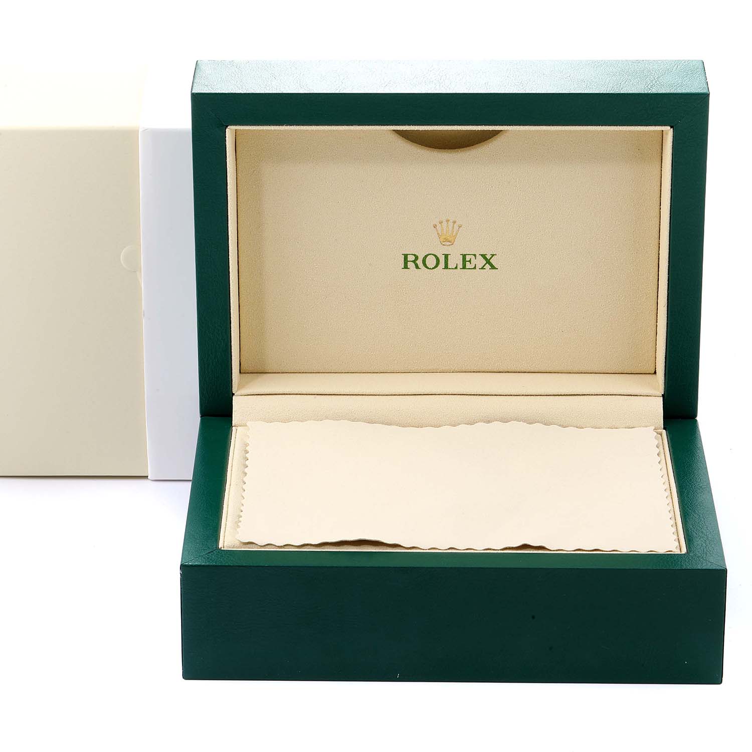 The image shows an open Rolex box for the Daytona model, displaying the inner lining and logo, viewed from the front.